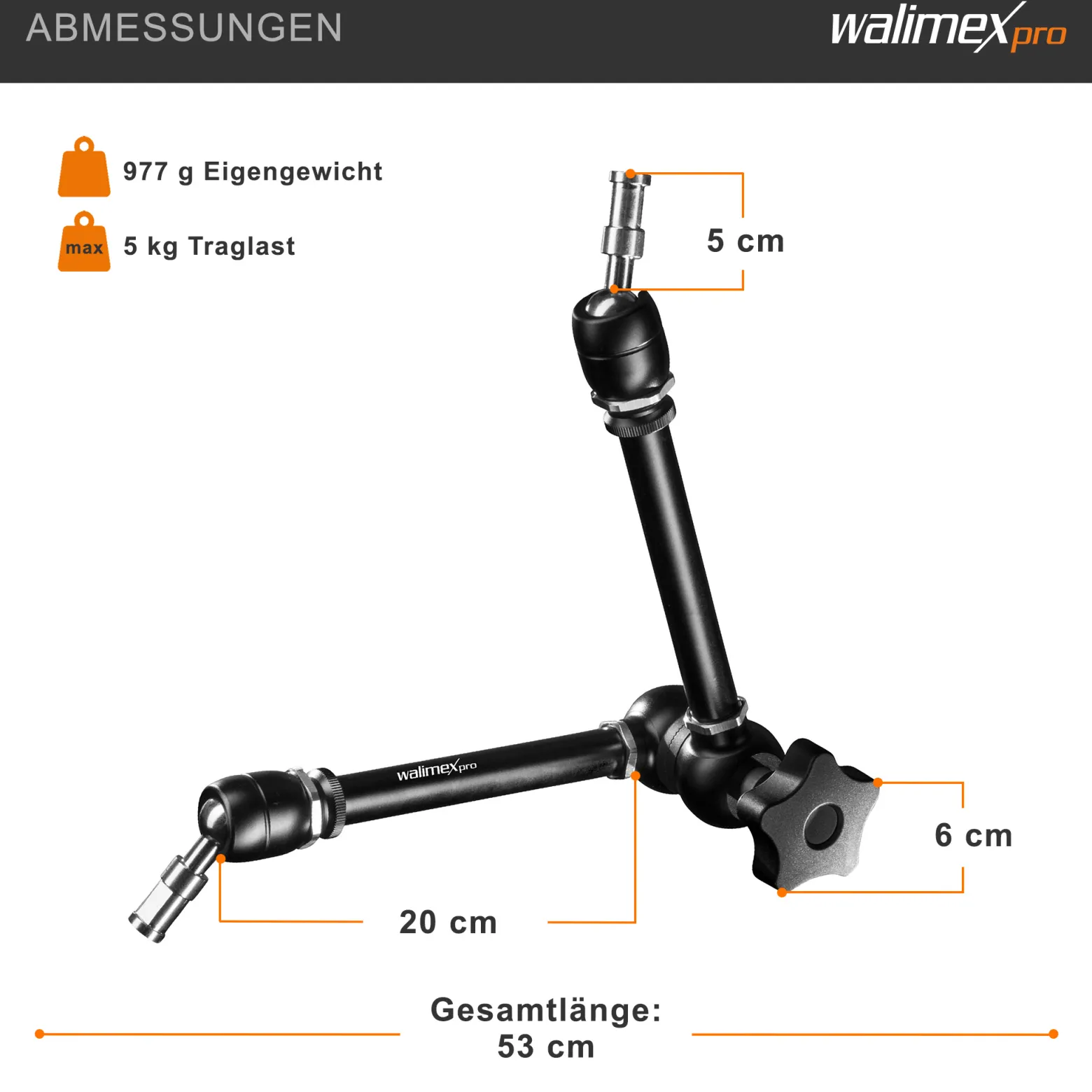 Walimex pro Gelenkarm XL SP – 530 x 80 x 80 mm – Stabiler Friktionsarm mit 5kg Belastbarkeit und 53cm Länge – für DSLRs, Videokameras, Beleuchtung- mit 5/8" Spigotanschlüssen und zentraler Rasterung