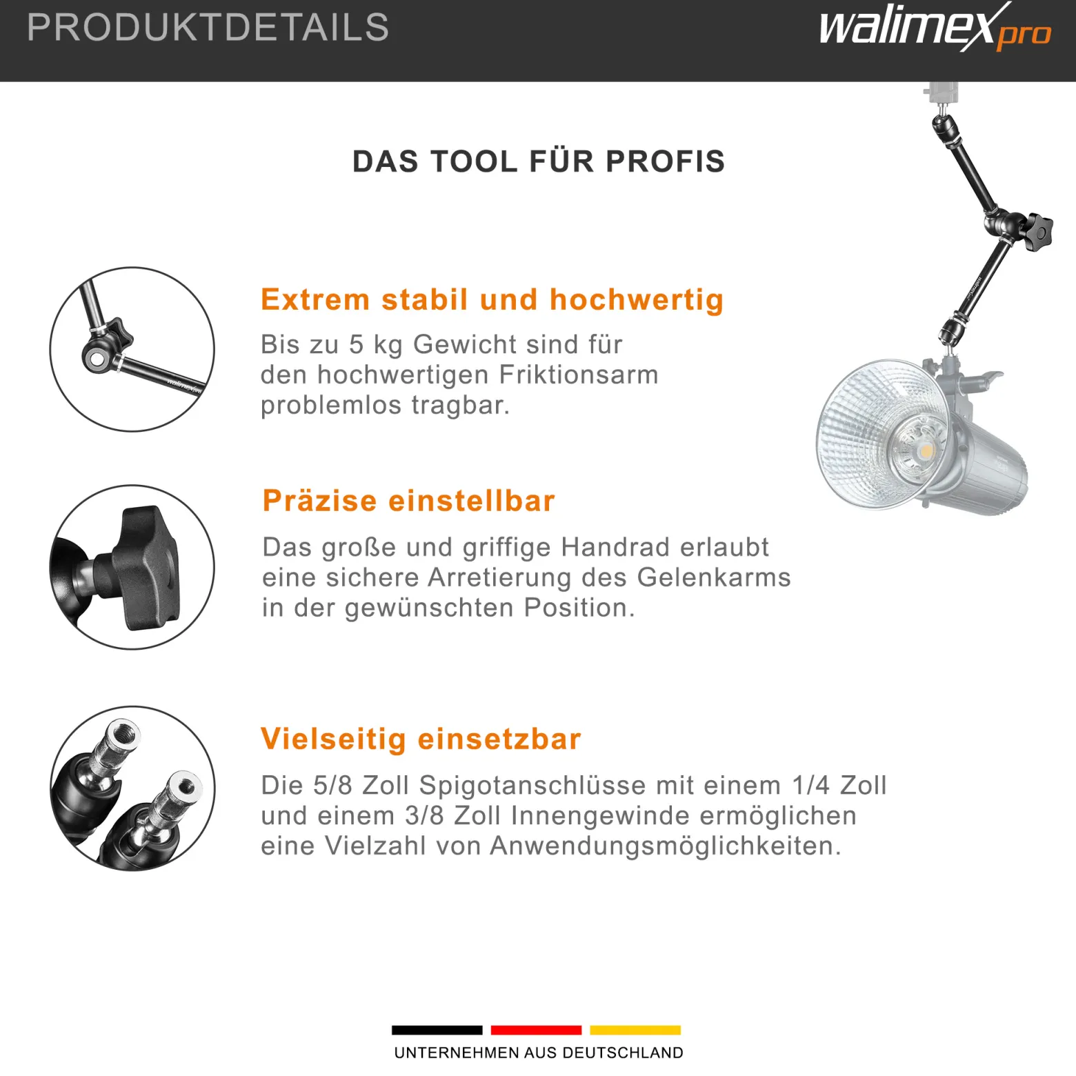 Walimex pro Gelenkarm XL SP – 530 x 80 x 80 mm – Stabiler Friktionsarm mit 5kg Belastbarkeit und 53cm Länge – für DSLRs, Videokameras, Beleuchtung- mit 5/8" Spigotanschlüssen und zentraler Rasterung