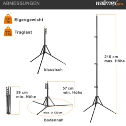 Walimex pro GN-806 Lampenstativ bis 215 cm Arbeitshöhe, Lichtstativ bis 5 kg Traglast, höhenverstellbares Blitzstativ aus Aluminium für Fotostudio und Mobil, für Video, Blitz, Softbox und Ringlicht