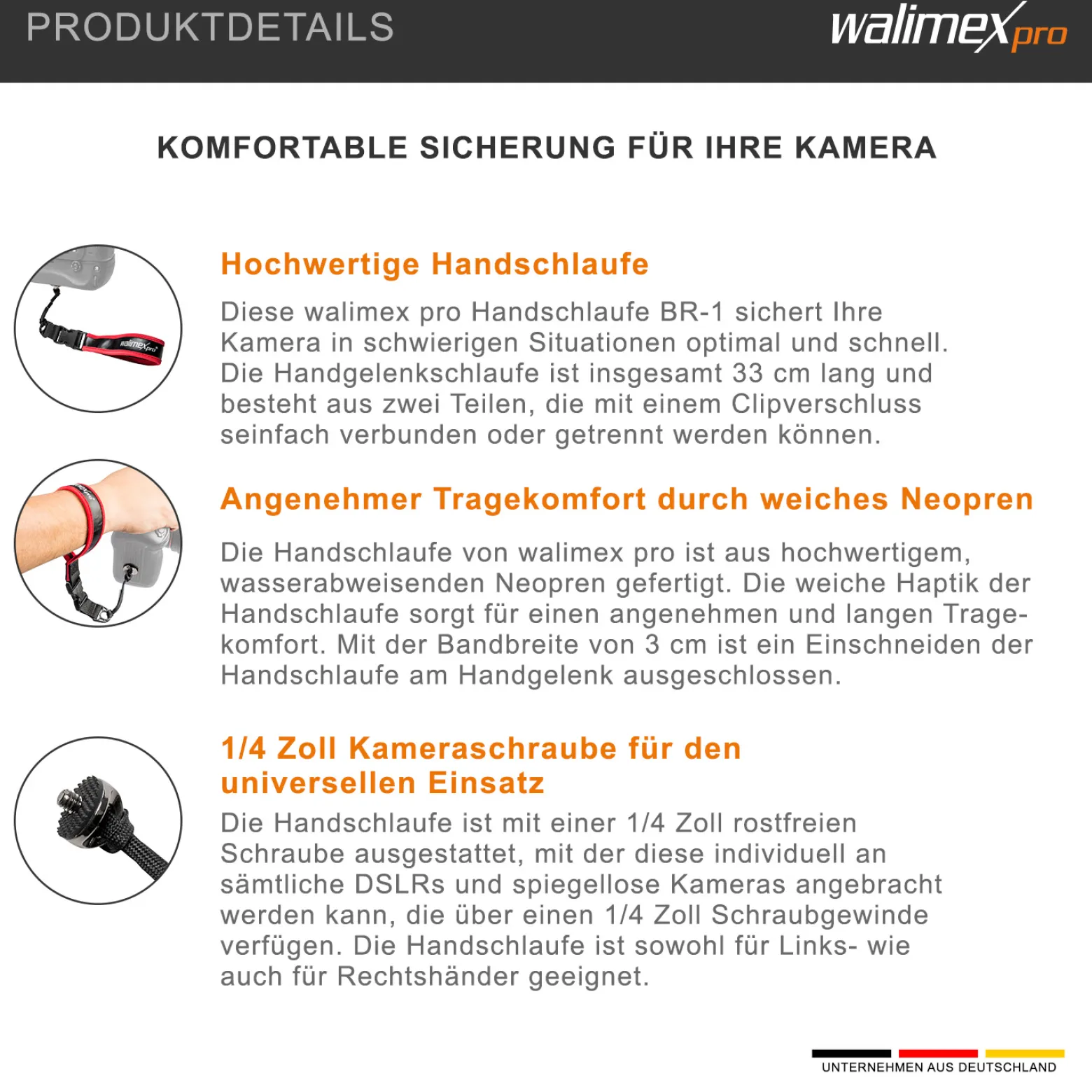 Walimex pro Handschlaufe BR-1 - 330 x 30 x 20 mm - aus weichem Neopren - mit 1/4" Kamerachraube - Farbe schwarz rot