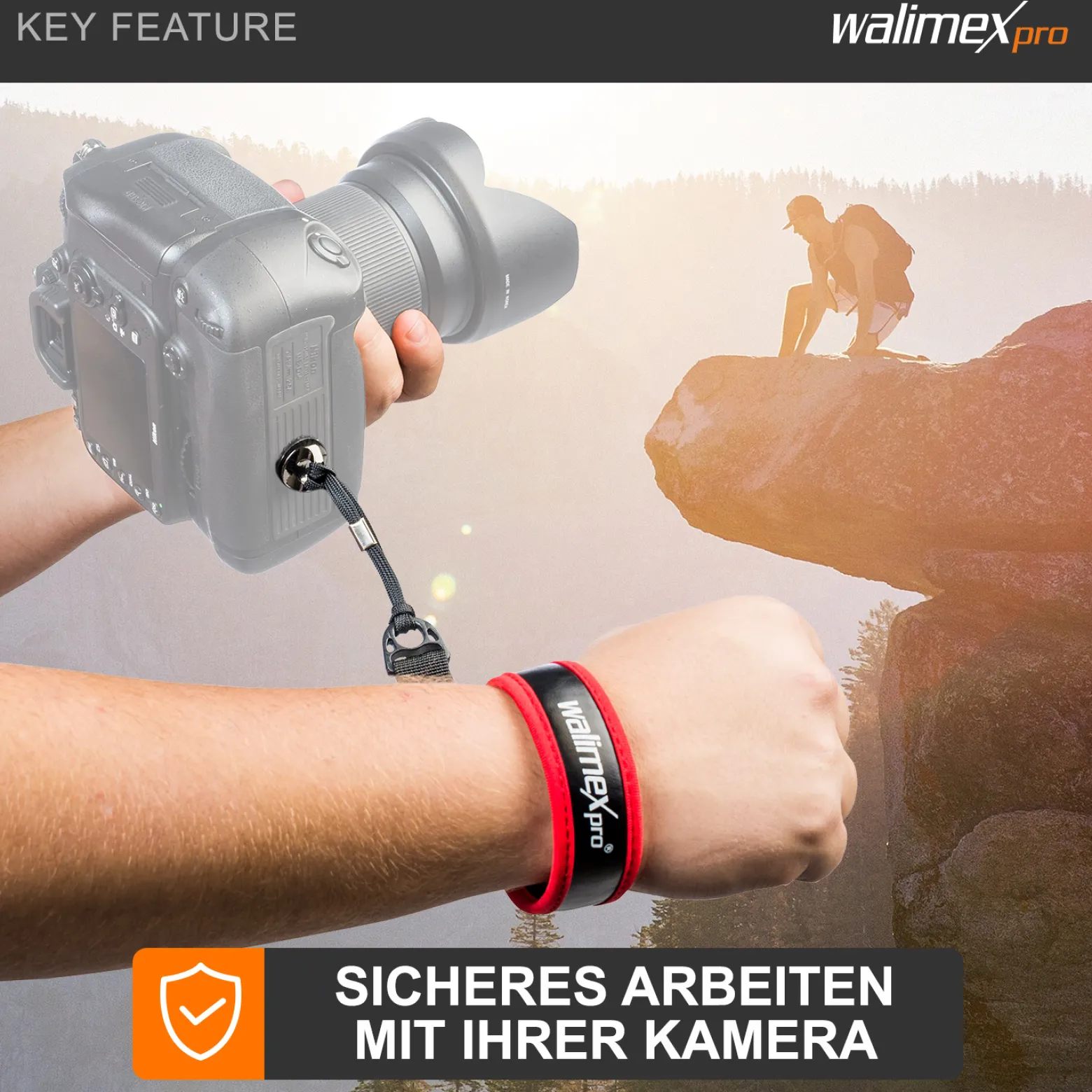 Walimex pro Handschlaufe BR-1 - 330 x 30 x 20 mm - aus weichem Neopren - mit 1/4" Kamerachraube - Farbe schwarz rot