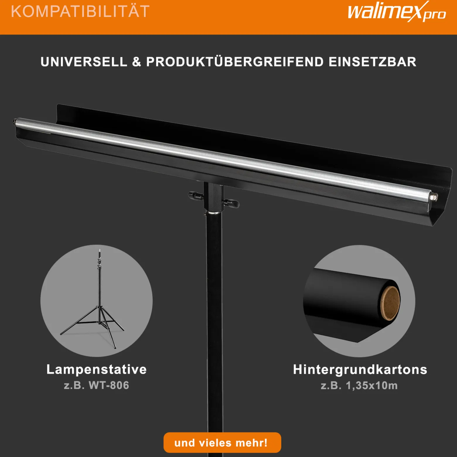 Walimex pro Hintergrund Halterung für Lampenstative belastbar bis 5 kg, Hintergrundsystem aus Aluminium für Kartonhintergründen bis 1,35 m