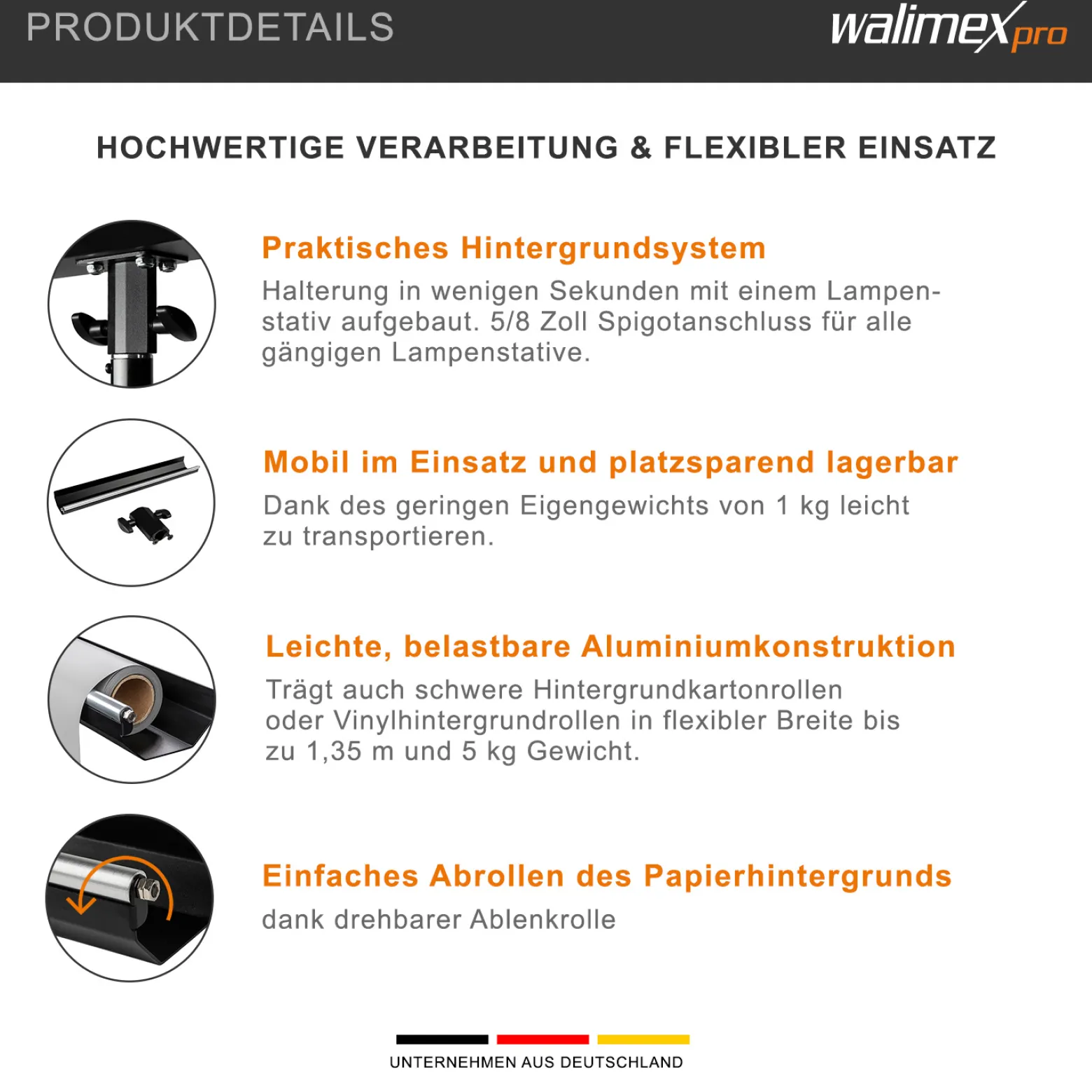 Walimex pro Hintergrund Halterung für Lampenstative belastbar bis 5 kg, Hintergrundsystem aus Aluminium für Kartonhintergründen bis 1,35 m