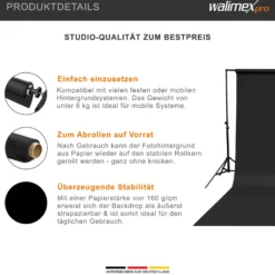 Walimex pro Hintergrundkarton 1,35 x 10 m schwarz, robuster Fotohintergrund aus Karton, Fotoleinwand als Backdrop für Fotostudio, reflexfrei, strapazierfähig, ideal für Produktfotografie