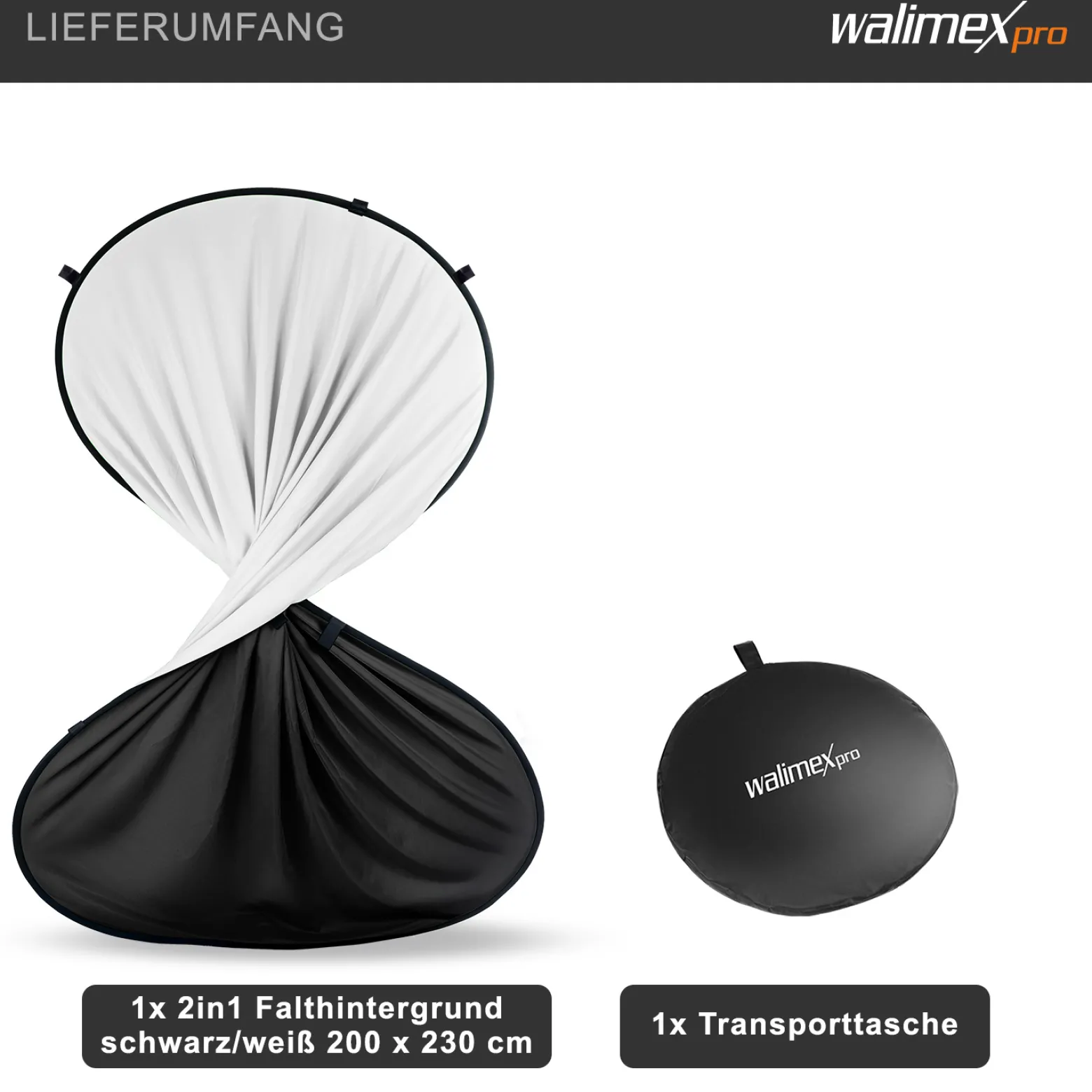 Walimex pro 2 in 1 Falthintergrund schwarz/weiß 200 x 230 cm, robuster Fotohintergrund mit Federring, faltbarer Hintergrund für Fotostudio mit Transporttasche