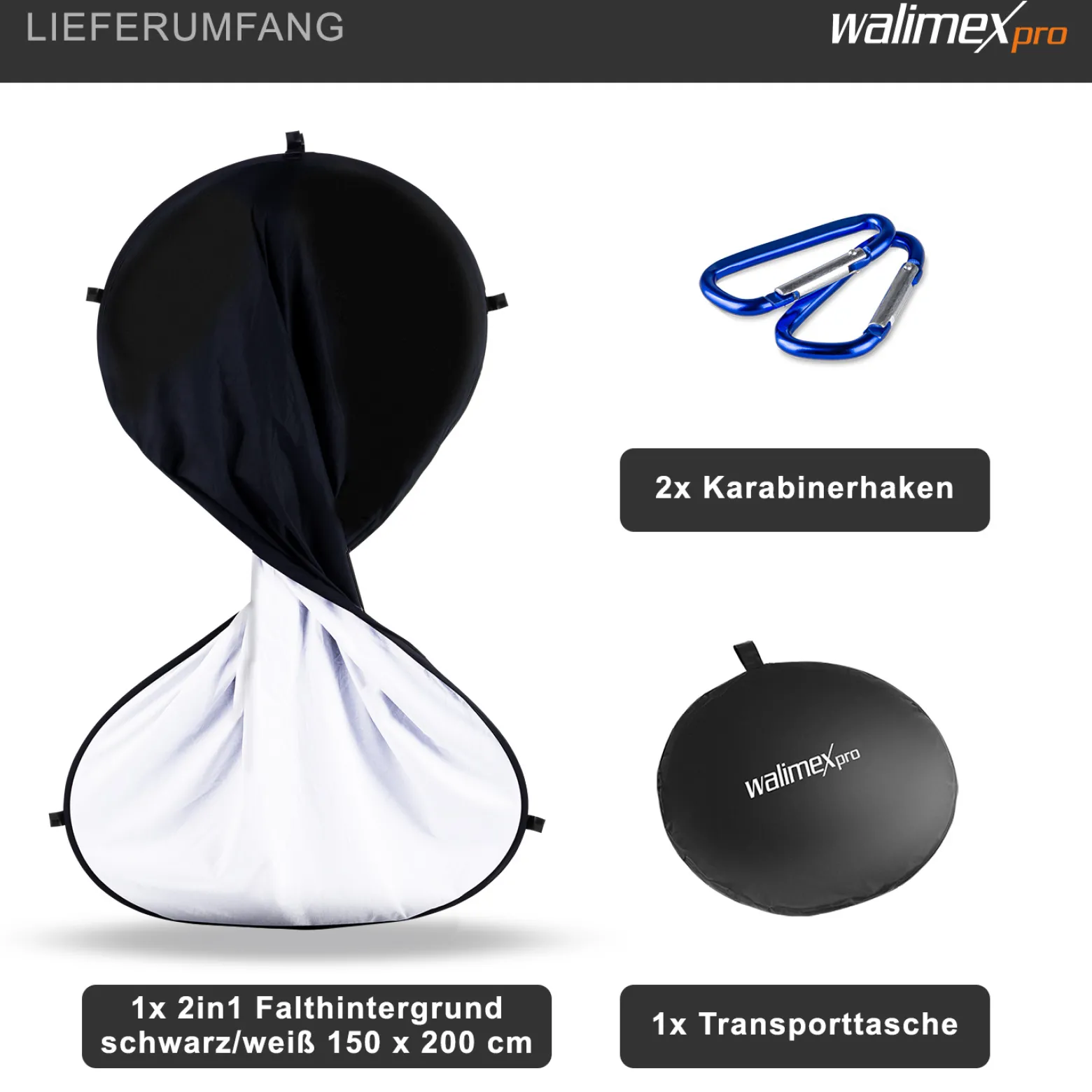 Walimex pro 2 in 1 Falthintergrund schwarz/weiß 150 x 200 cm inkl. 2 Karabinerhaken, robuster Fotohintergrund mit stabilem Rahmen, faltbarer Hintergrund für Fotostudio mit Transporttasche