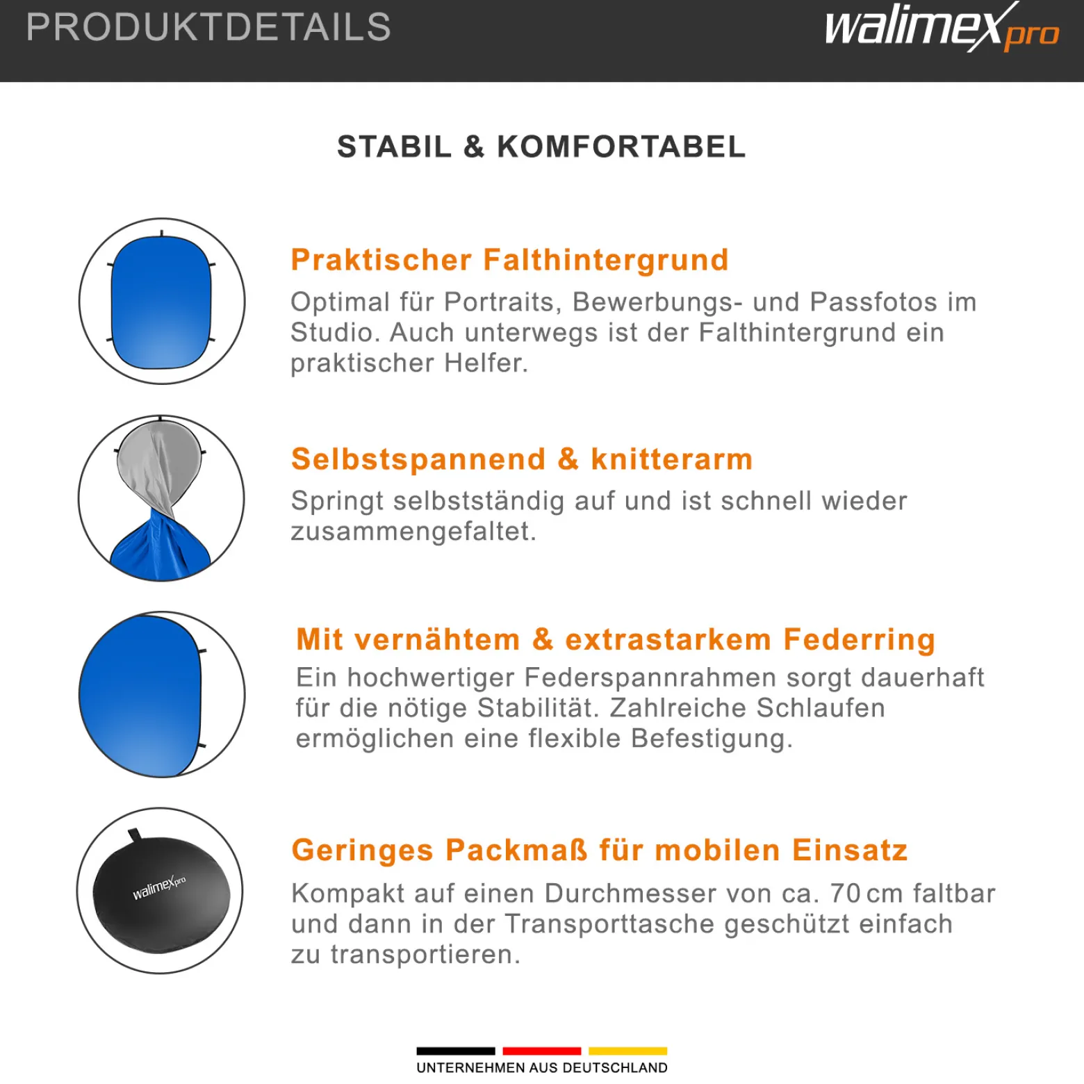 Walimex pro 2 in 1 Falthintergrund grau/ blau 180 x 200 cm, robuster Fotohintergrund mit Federring, faltbarer Hintergrund für Fotostudio mit Transporttasche