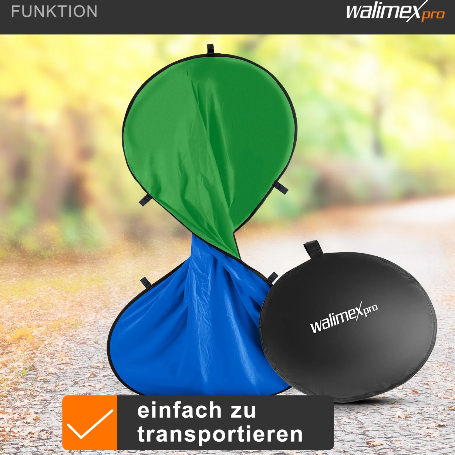 Walimex pro 2 in 1 Falthintergrund grün/ blau 150 x 210 cm, robuster Fotohintergrund mit Federring, faltbarer Hintergrund für Fotostudio mit Transporttasche