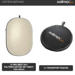 Walimex pro 5-in-1 Faltreflektor Set 1680 x 1020 x 20 mm oval wavy goldfarben silberfarben weiß schwarz transparent Lichtreflektor inkl. Transporttasche
