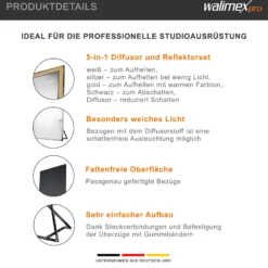 Walimex pro 5-in-1 Reflektorpanel 100 x 200 cm, Reflektor Fotografie mit 5 Lichtcharakteristiken schwarz, weiß, gold-, silberfarben, Durchlicht und Diffusor