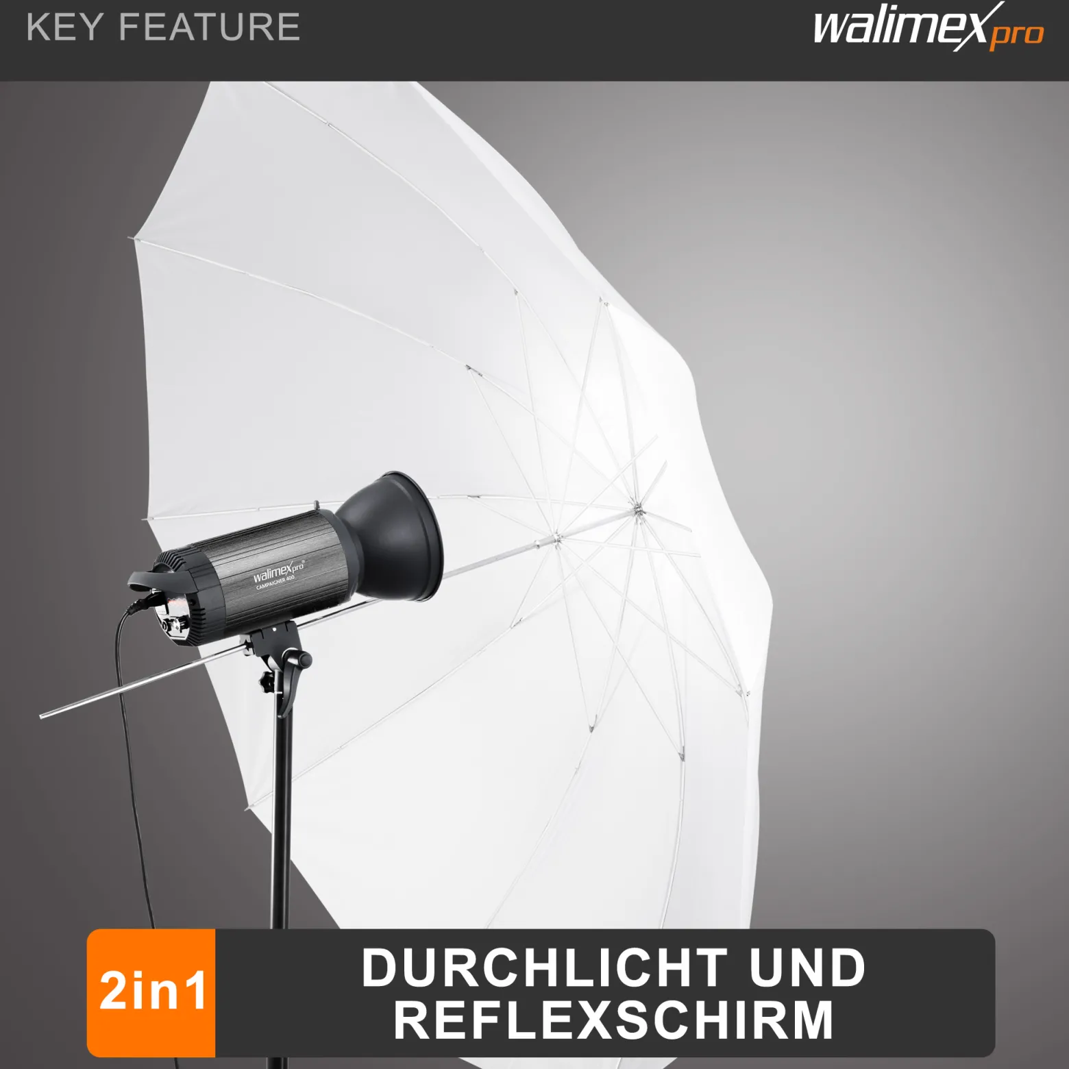 Walimex pro 2in1 Reflex- und Durchlichtschirm weiß Ø 150 cm für weiches Licht, Studioschirm mit abnehmbarer äußerer Reflexschicht (silberfarben, schwarz) und innerer Durchlichtschicht (weiß)