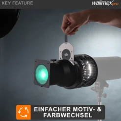 Walimex Projektionsvorsatz mit Universalanschluss, Lichtformer für Blitzgeräte inkl. 4 verschiedener Farbfolien und Schablonen, Blitzvorsatz für kreative Lichteffekte in der Fotografie