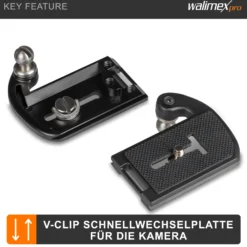 Walimex pro Kamera Clip mit V-Dock für Gürtel & Schnellwechselplatte – Kamera-Holster aus Metall – Arca-Swiss-kompatibel – V-Clip mit Kamerasicherung – Traglast bis 5kg – für Gürtel bis 50mm Breite