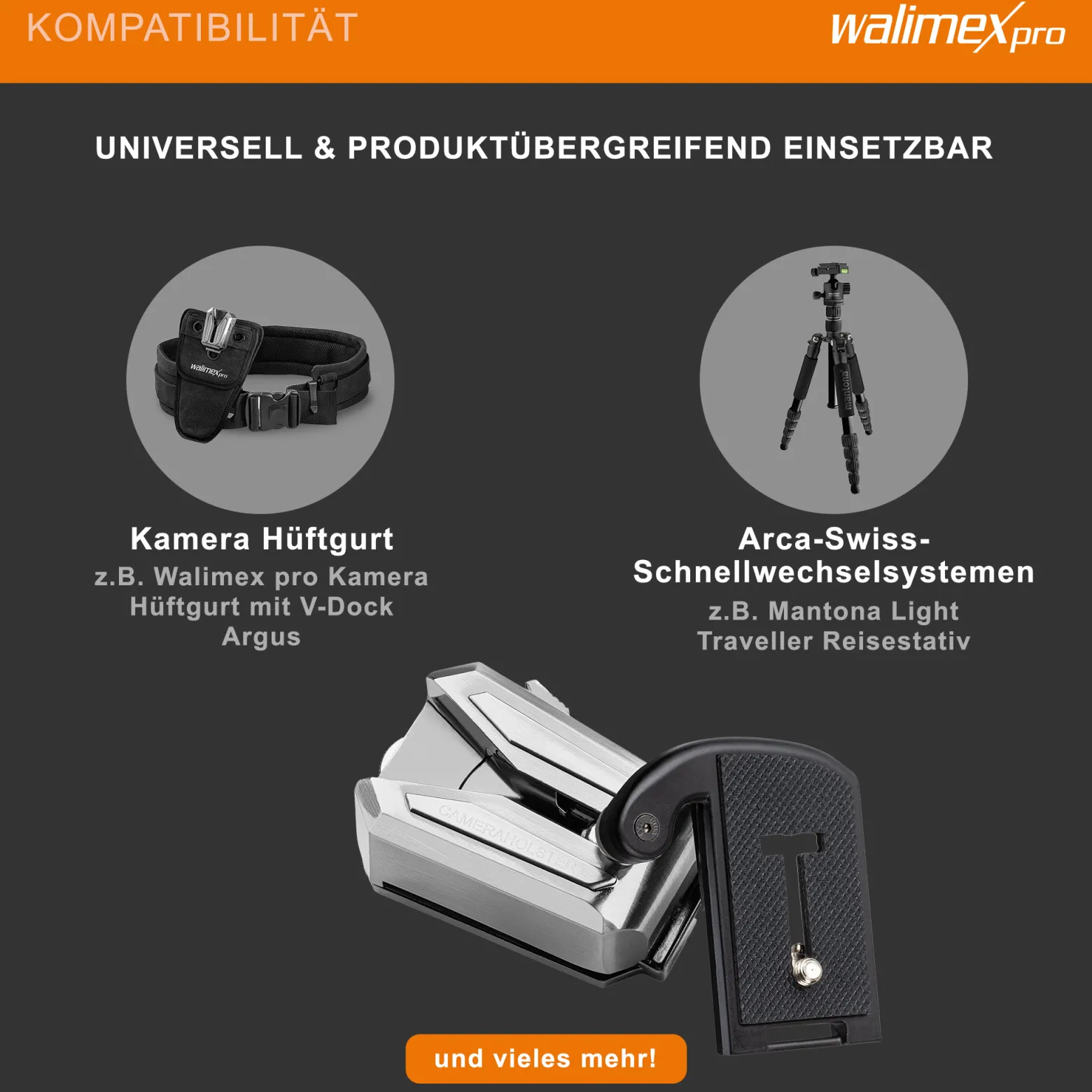 Walimex pro Kamera Clip mit V-Dock für Gürtel & Schnellwechselplatte – Kamera-Holster aus Metall – Arca-Swiss-kompatibel – V-Clip mit Kamerasicherung – Traglast bis 5kg – für Gürtel bis 50mm Breite