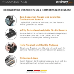 Walimex pro Kamera Clip mit V-Dock für Gürtel & Schnellwechselplatte – Kamera-Holster aus Metall – Arca-Swiss-kompatibel – V-Clip mit Kamerasicherung – Traglast bis 5kg – für Gürtel bis 50mm Breite
