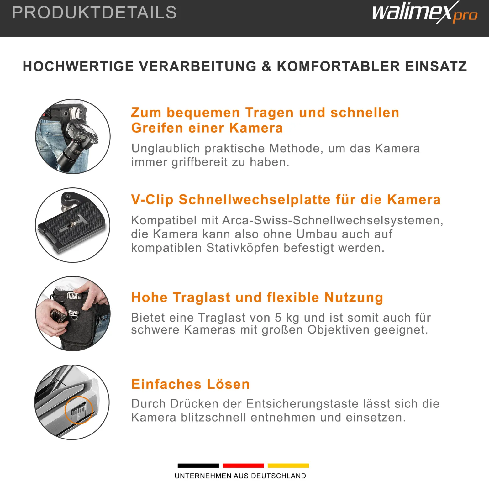 Walimex pro Kamera Clip mit V-Dock für Gürtel & Schnellwechselplatte – Kamera-Holster aus Metall – Arca-Swiss-kompatibel – V-Clip mit Kamerasicherung – Traglast bis 5kg – für Gürtel bis 50mm Breite