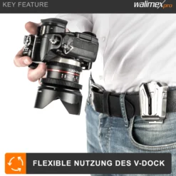 Walimex pro Kamera Clip mit V-Dock für Gürtel & Schnellwechselplatte – Kamera-Holster aus Metall – Arca-Swiss-kompatibel – V-Clip mit Kamerasicherung – Traglast bis 5kg – für Gürtel bis 50mm Breite