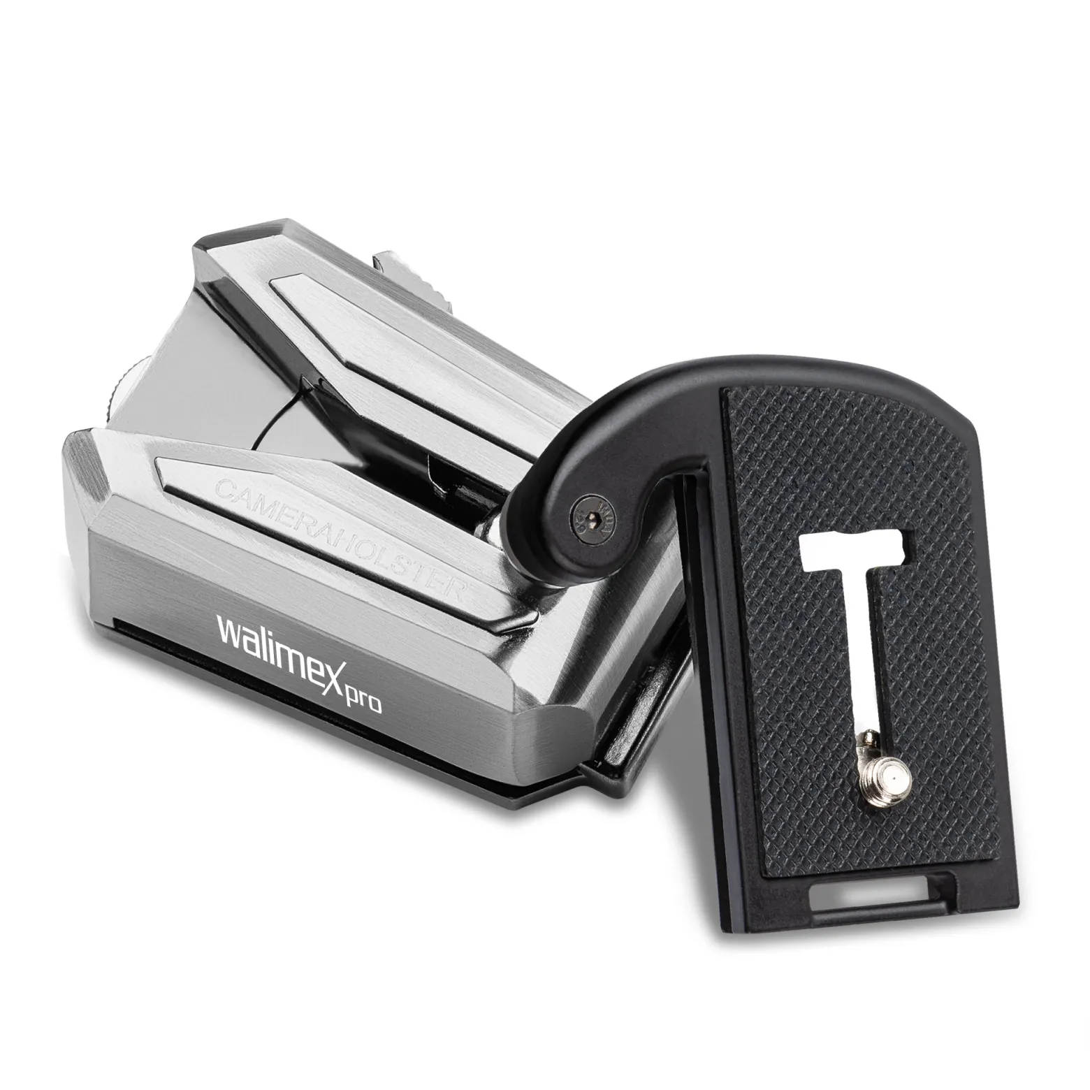 Walimex pro Kamera Clip mit V-Dock für Gürtel & Schnellwechselplatte – Kamera-Holster aus Metall – Arca-Swiss-kompatibel – V-Clip mit Kamerasicherung – Traglast bis 5kg – für Gürtel bis 50mm Breite