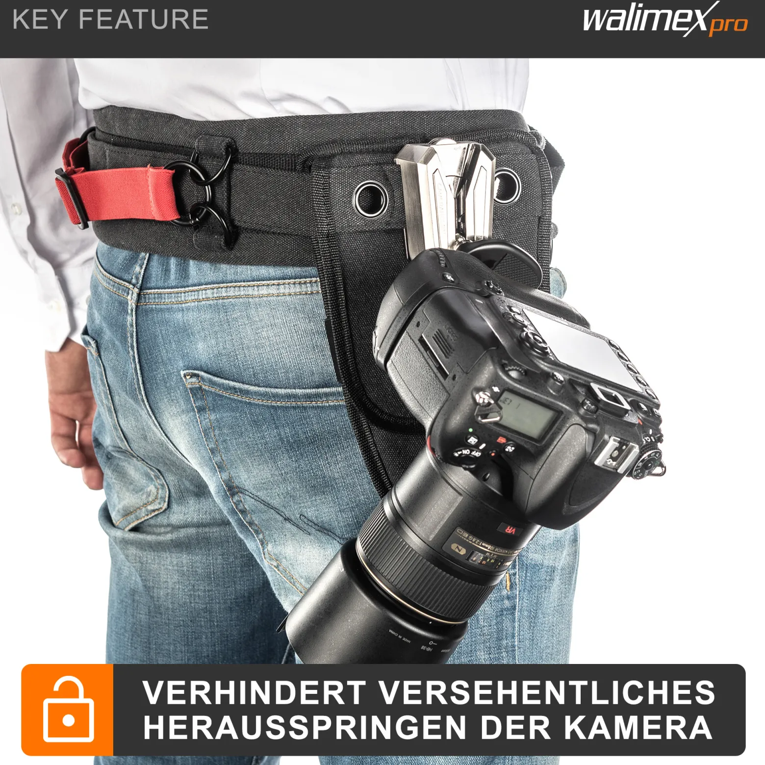 Walimex pro Kamera Clip mit V-Dock für Gürtel & Schnellwechselplatte – Kamera-Holster aus Metall – Arca-Swiss-kompatibel – V-Clip mit Kamerasicherung – Traglast bis 5kg – für Gürtel bis 50mm Breite