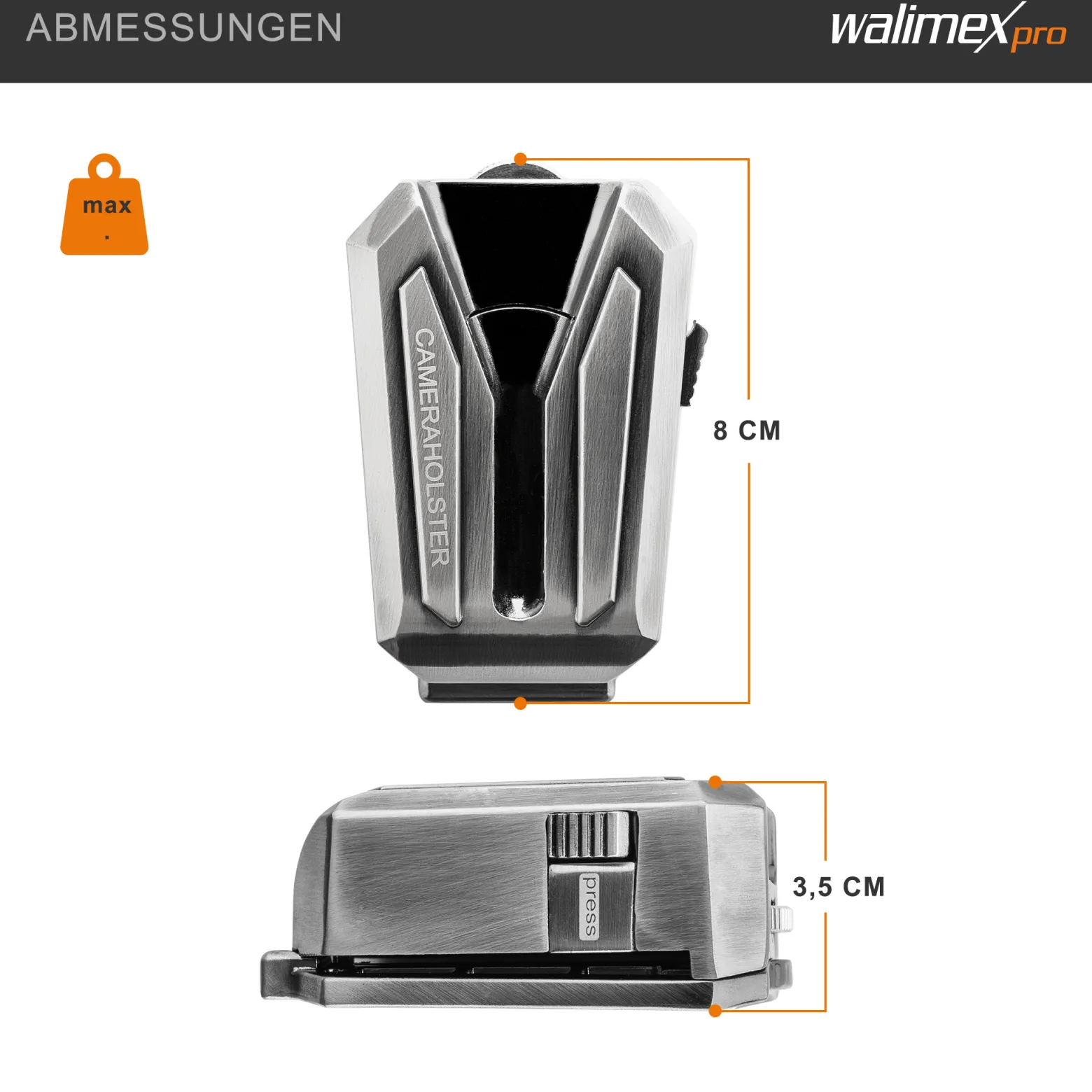 Walimex pro Kamera Clip mit V-Dock für Gürtel & Schnellwechselplatte – Kamera-Holster aus Metall – Arca-Swiss-kompatibel – V-Clip mit Kamerasicherung – Traglast bis 5kg – für Gürtel bis 50mm Breite