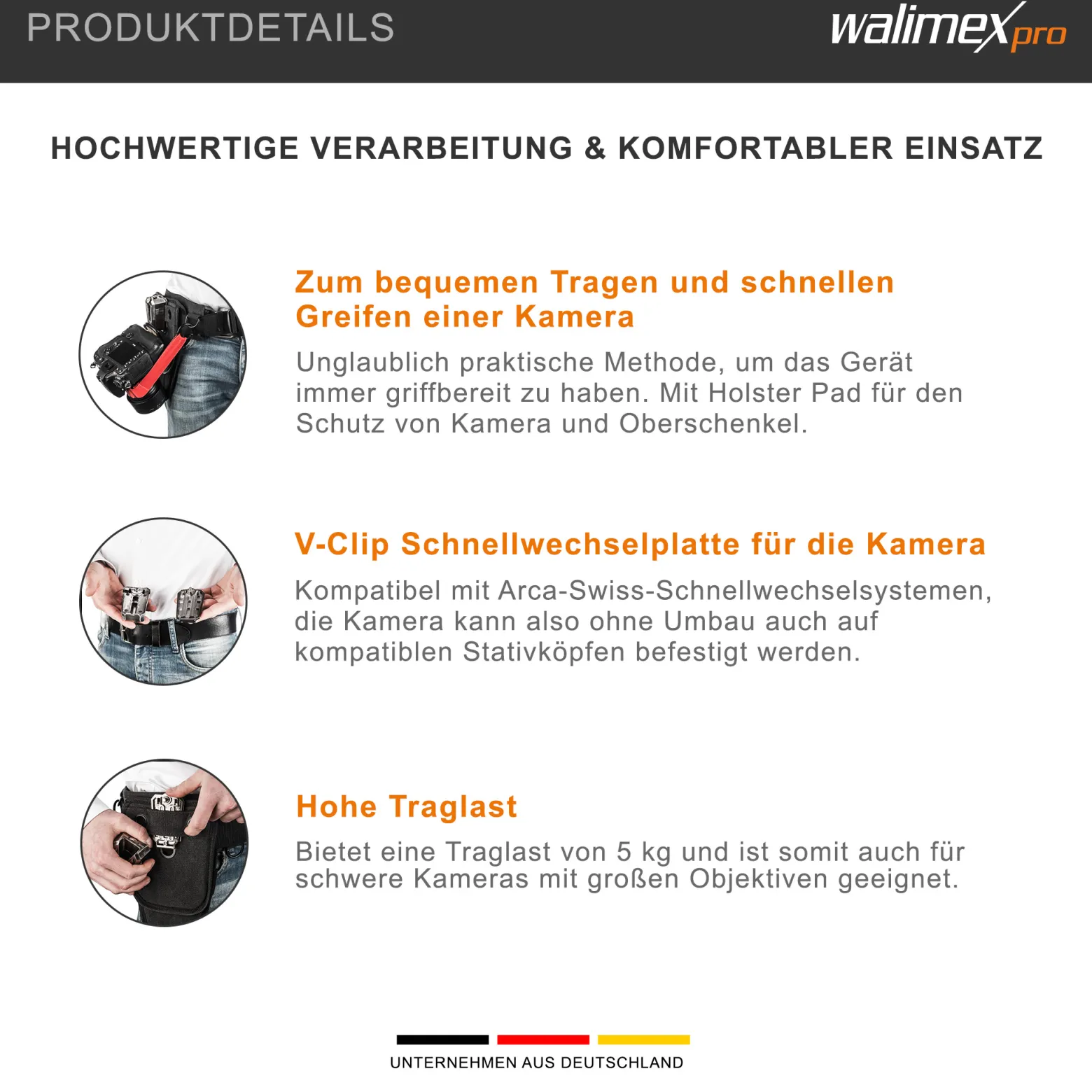 Walimex pro Kamera Hüftgurt mit V-Dock Argus – Tragegurt mit Holster für Fotoshooting und Outdoor Fotografie – V Clip Kameraholster mit Bauchgurt