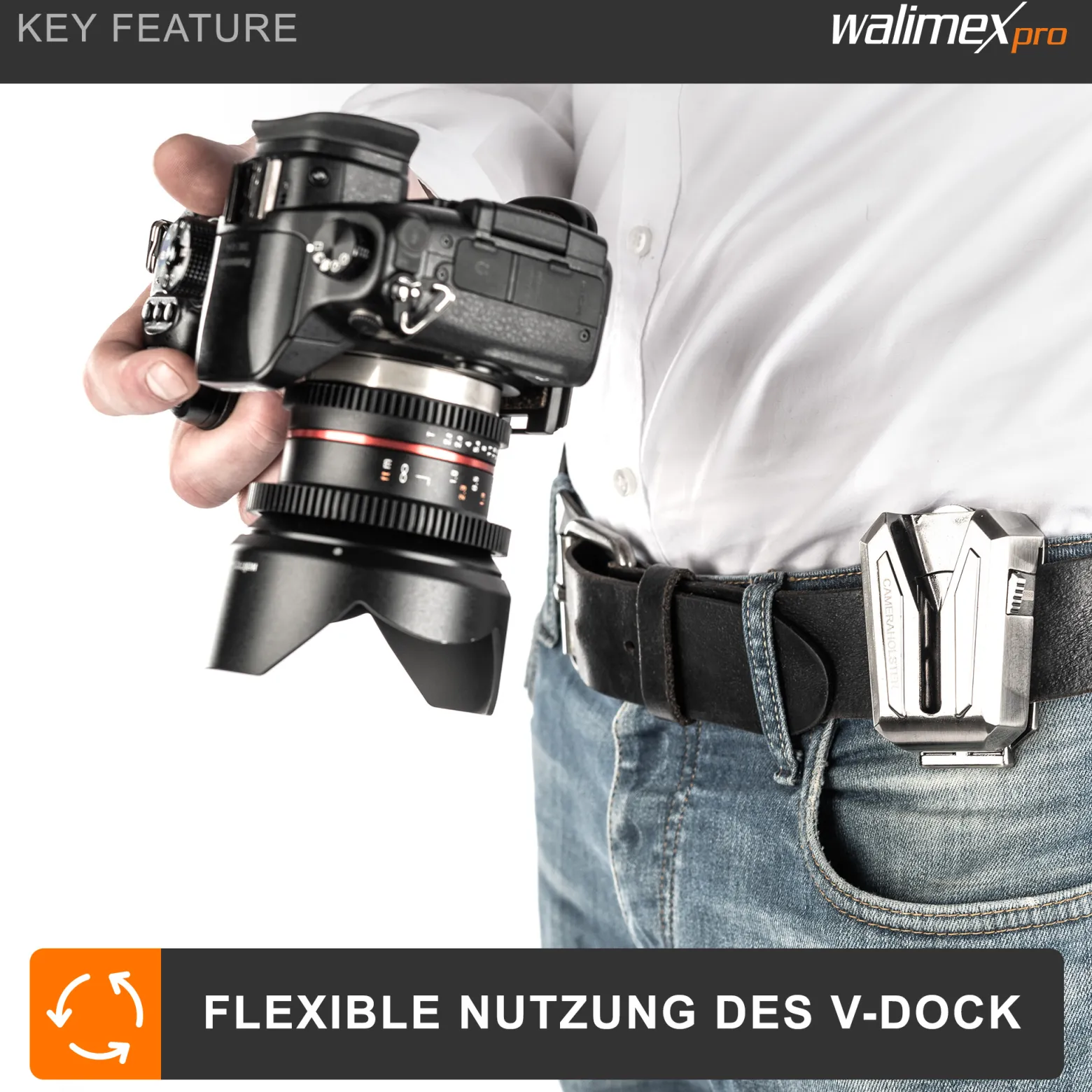 Walimex pro Kamera Hüftgurt mit V-Dock Argus – Tragegurt mit Holster für Fotoshooting und Outdoor Fotografie – V Clip Kameraholster mit Bauchgurt