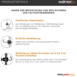Walimex pro Klemmhaken 85 x 40 x 110 mm max. Ø 4 cm für Hintergrund, Stangen, Reflektoren, Stative und Autopole