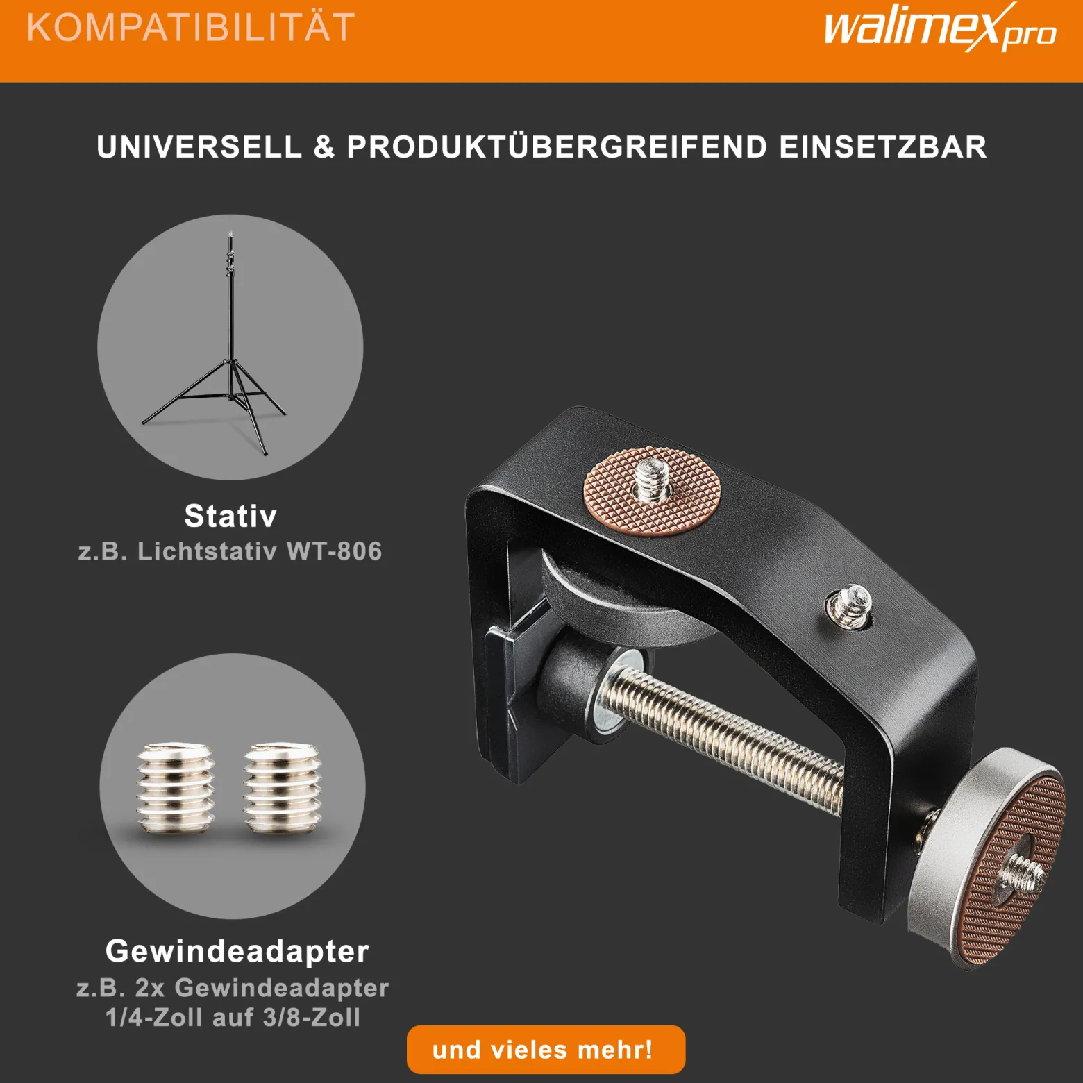 Walimex pro KX-20 Stativklemme mit Mittelsäule, Universal Schraubklemme bis 6 cm, 4x 1/4 Zoll Gewinde, Traglast 6 kg, für Kamera, Fotoblitz und Zubehör