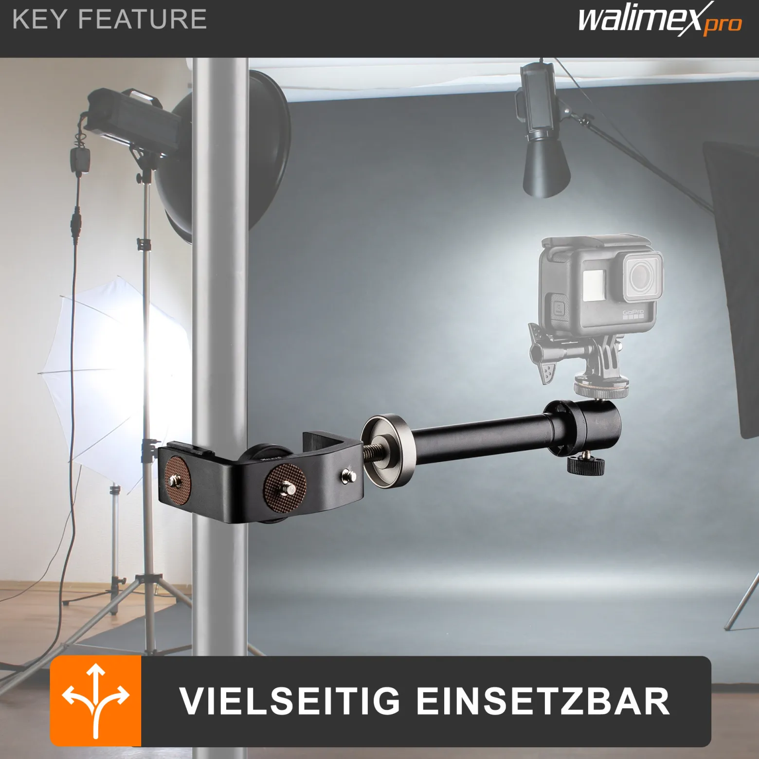 Walimex pro KX-20 Stativklemme mit Mittelsäule, Universal Schraubklemme bis 6 cm, 4x 1/4 Zoll Gewinde, Traglast 6 kg, für Kamera, Fotoblitz und Zubehör