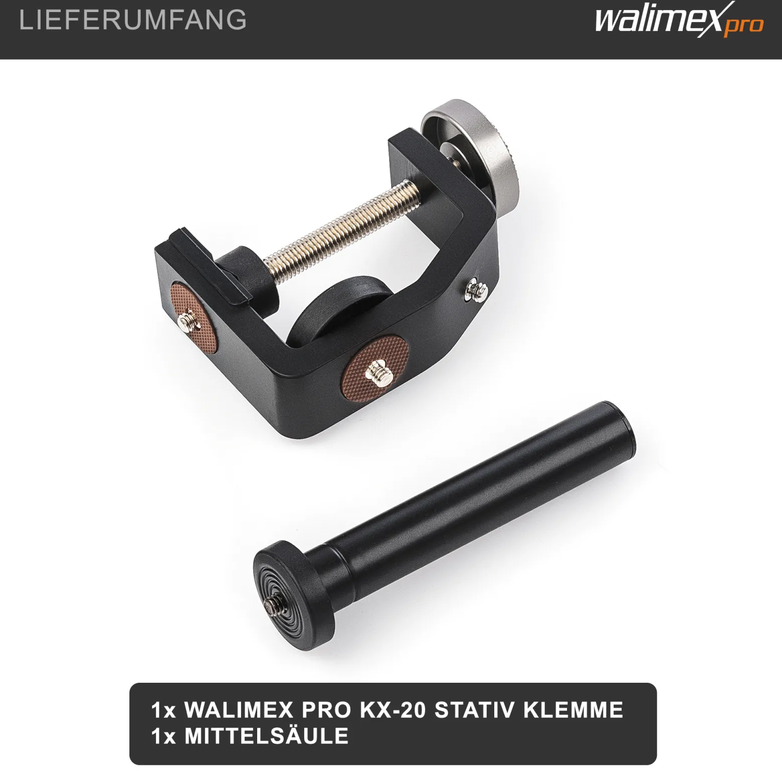 Walimex pro KX-20 Stativklemme mit Mittelsäule, Universal Schraubklemme bis 6 cm, 4x 1/4 Zoll Gewinde, Traglast 6 kg, für Kamera, Fotoblitz und Zubehör