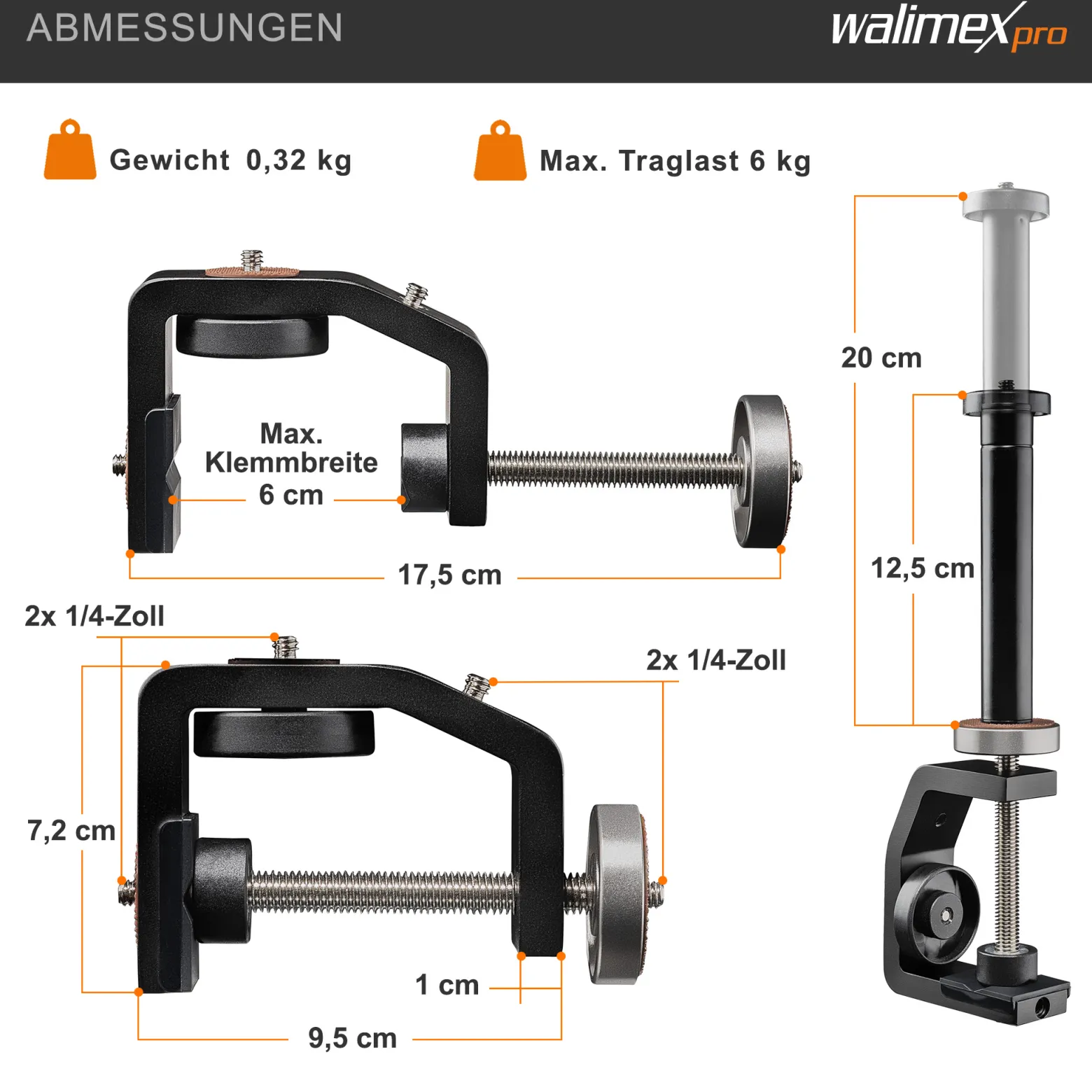 Walimex pro KX-20 Stativklemme mit Mittelsäule, Universal Schraubklemme bis 6 cm, 4x 1/4 Zoll Gewinde, Traglast 6 kg, für Kamera, Fotoblitz und Zubehör