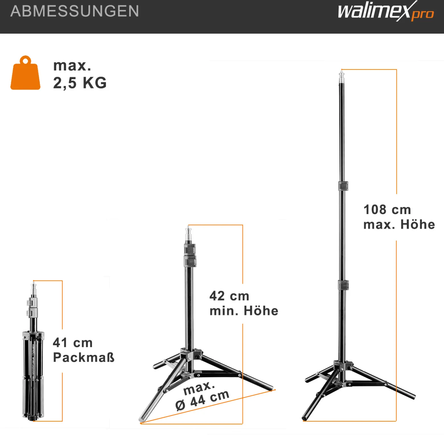 Walimex pro Lampenstativ Set mit Tasche, 3 verschiedene Lichtstative plus Transporttasche bis max. 256 cm Höhe, Blitzstativ belastbar max. 6 kg für Studio und Outdoor