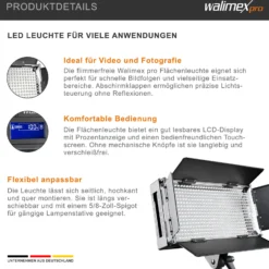 Walimex pro LED 500 Flächenleuchte, dimmbares Flächenlicht mit LCD-Display & Touchscreen, Videoleuchte mit vier Abschirmkappen, Stativaufnahme neigbar