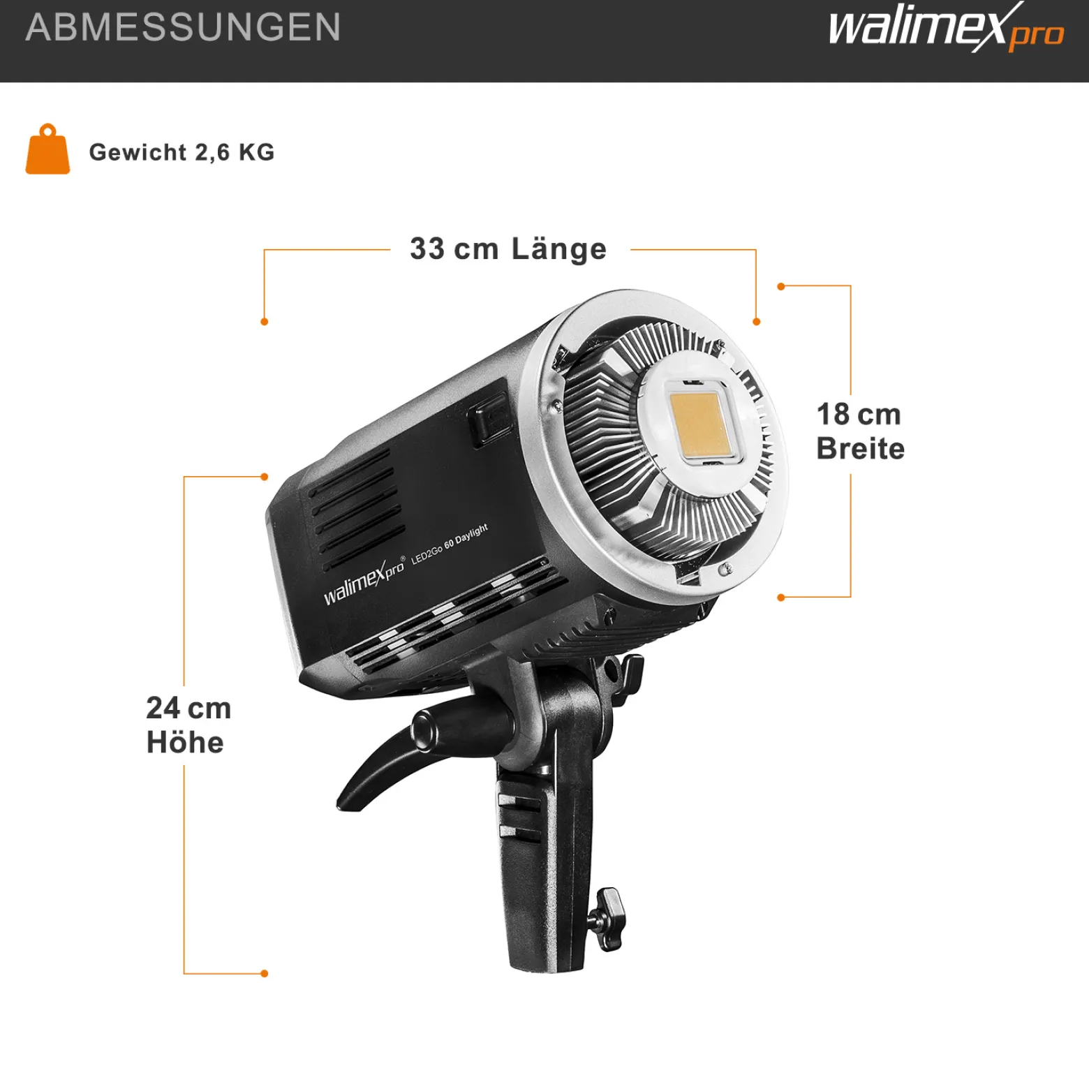 Walimex pro LED2Go 60 Daylight Videoleuchte, LED Dauerlicht 60 W mit Akku, Studioleuchte mit Bowens S-Type Anschluss, moderne COB-Technologie, ideal für Fotostudio