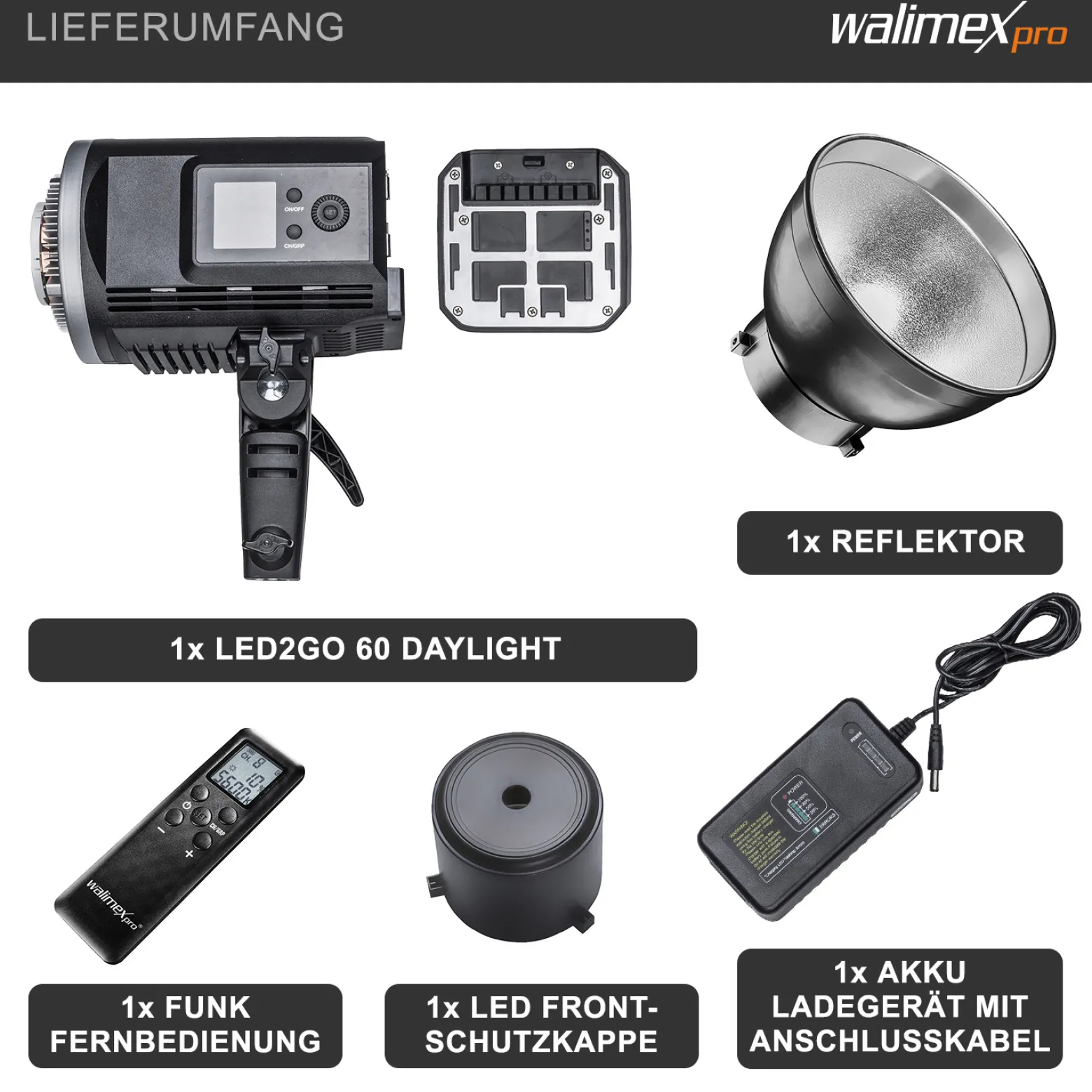 Walimex pro LED2Go 60 Daylight Videoleuchte, LED Dauerlicht 60 W mit Akku, Studioleuchte mit Bowens S-Type Anschluss, moderne COB-Technologie, ideal für Fotostudio
