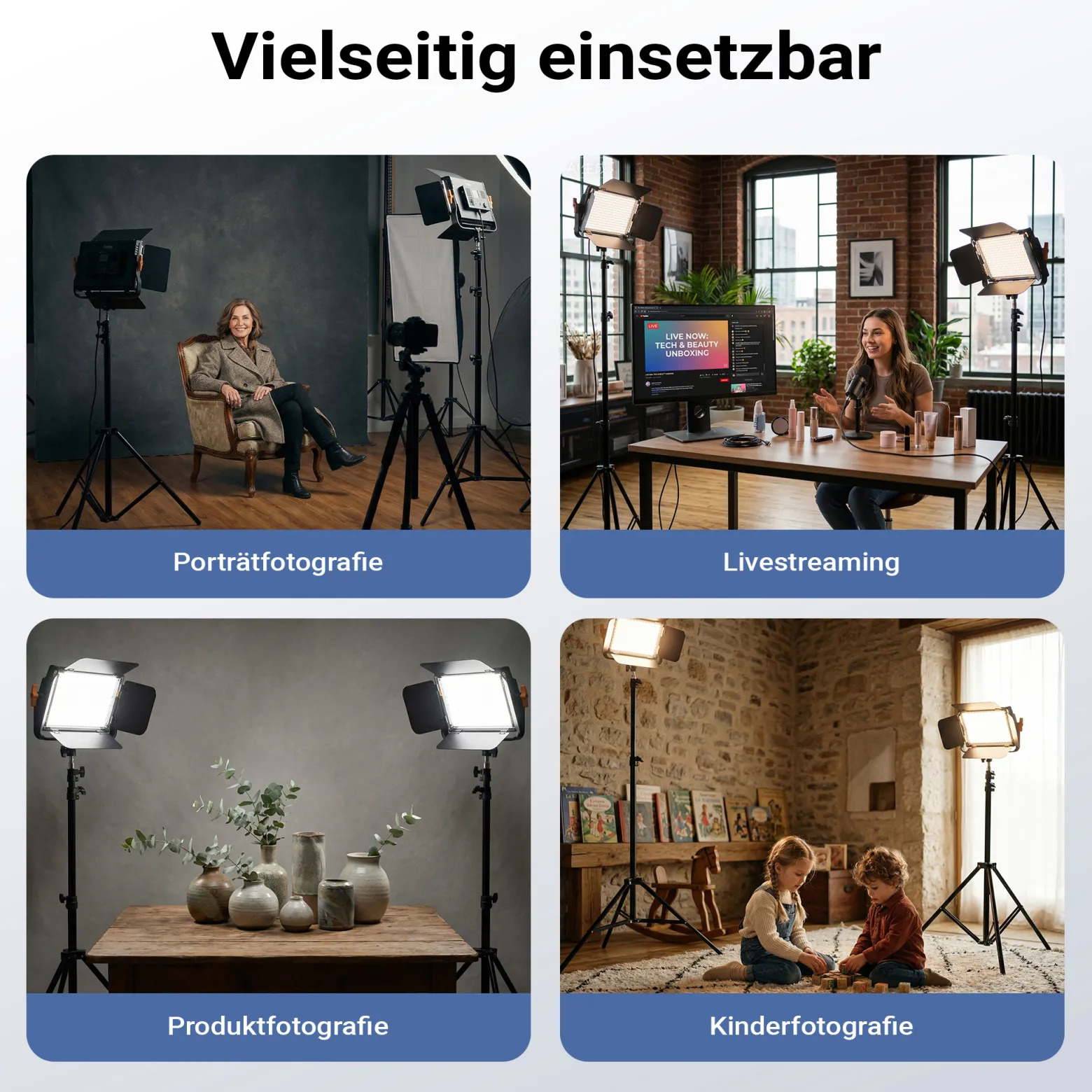 Walimex pro LED Niova 600 Bi Color und Stativ 2er Set mit 36 W LED Flächenleuchten, variabler Farbtemperatur und Lichtstativen