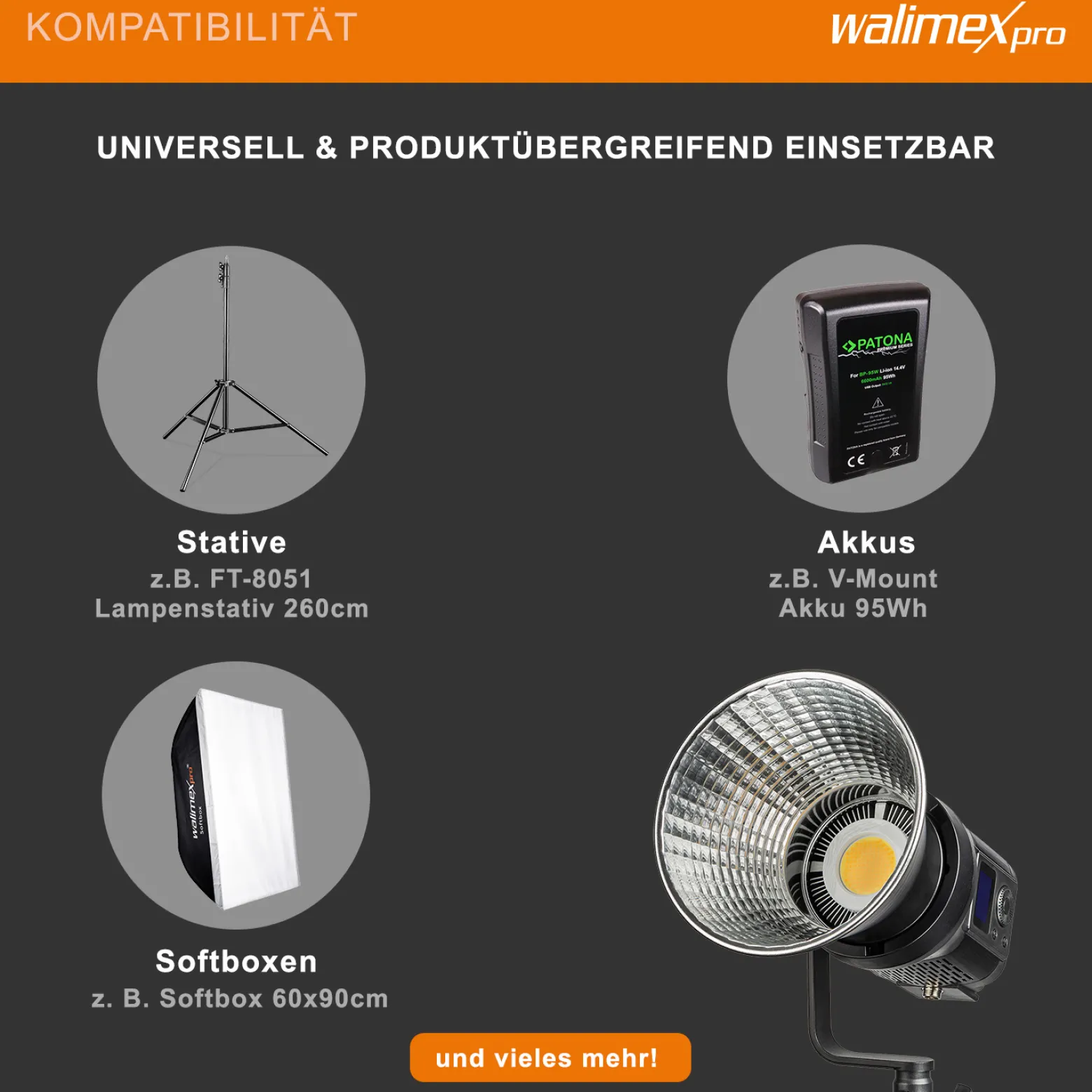 Walimex pro LED Niova Compact 120 W Bi-Color Videoleuchte, Videolicht mit Bowens-Anschluss, Studiolicht mit COB LED-Technologie, Leuchtstärke verstellbar von 10-100%