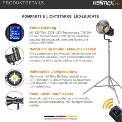 Walimex pro LED Niova Compact 120 W Bi-Color Videoleuchte, Videolicht mit Bowens-Anschluss, Studiolicht mit COB LED-Technologie, Leuchtstärke verstellbar von 10-100%