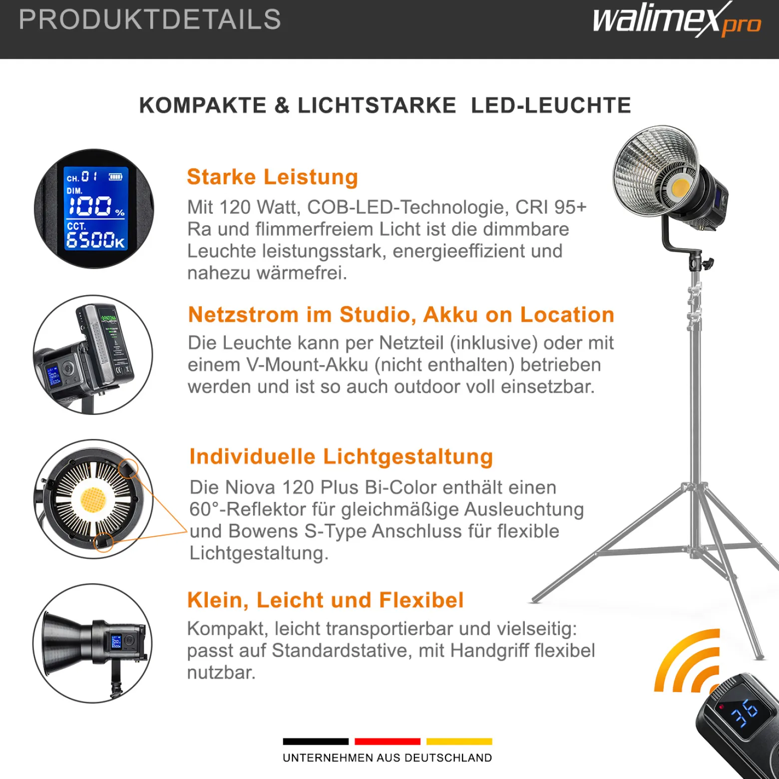 Walimex pro LED Niova Compact 120 W Bi-Color Videoleuchte, Videolicht mit Bowens-Anschluss, Studiolicht mit COB LED-Technologie, Leuchtstärke verstellbar von 10-100%
