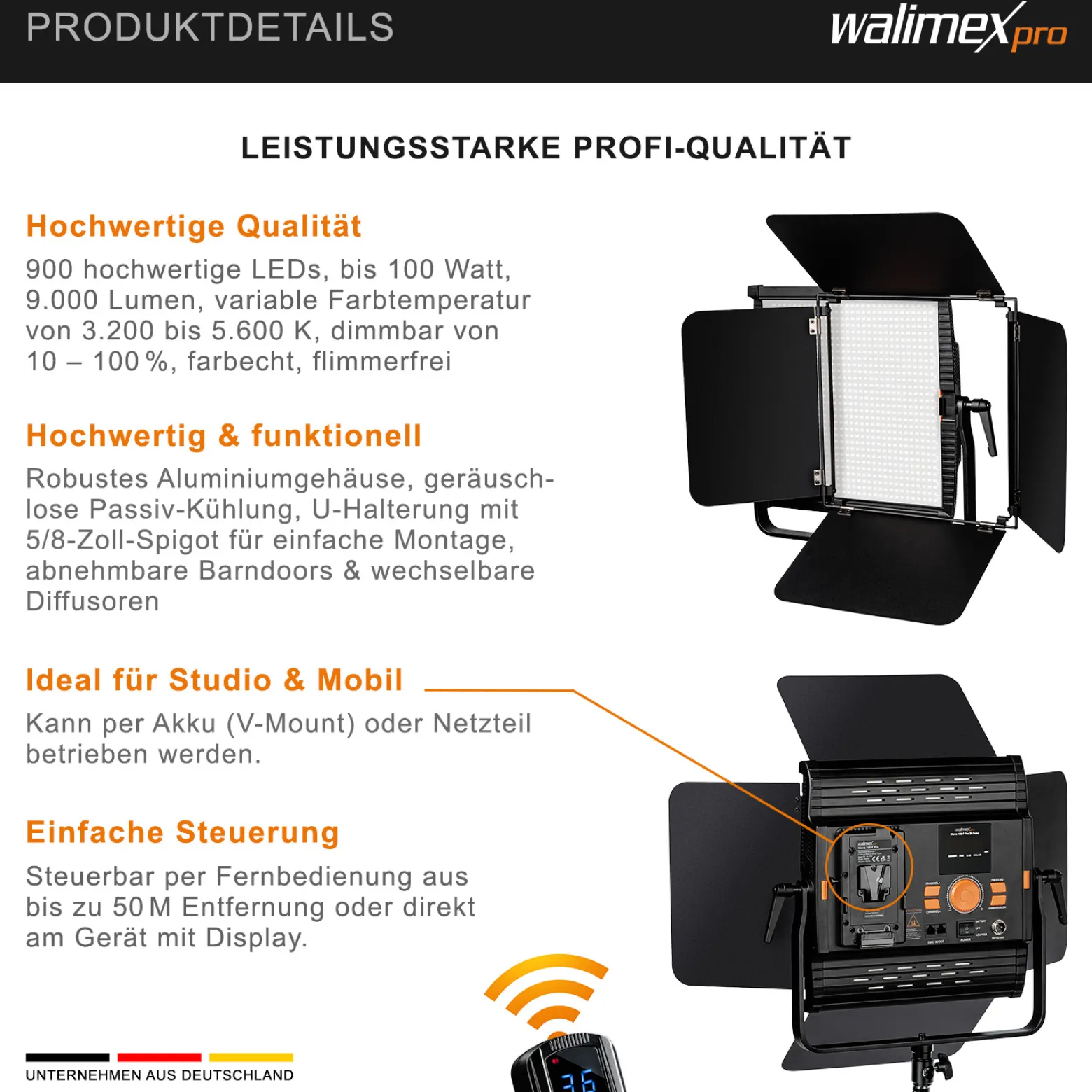 Walimex pro LED Niova 100-F Pro 100 W Bi-Color Flächenleuchte, dimmbare Videoleuchte, Studioleuchte mit weichem Licht, Fotolicht mit Fernbedienung
