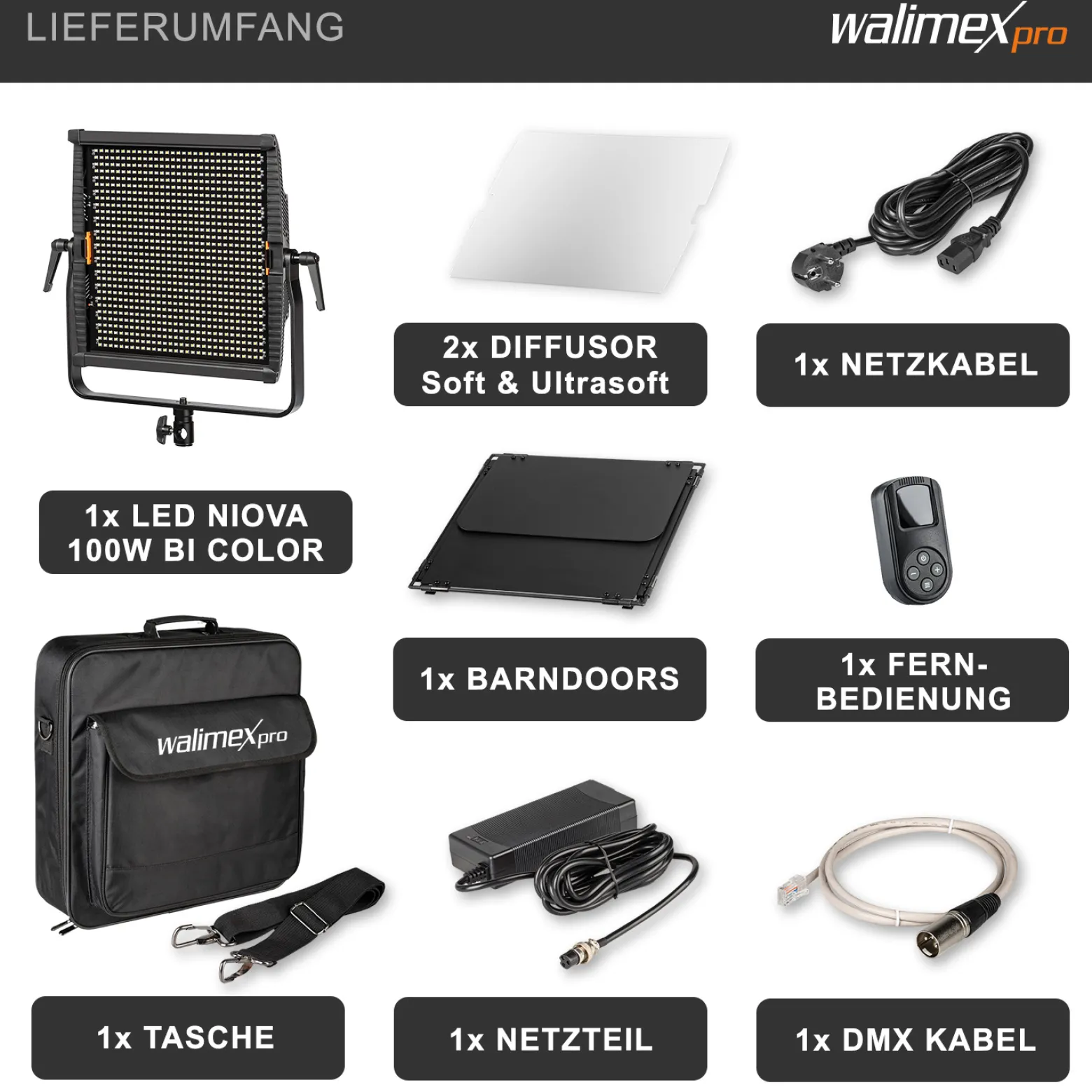 Walimex pro LED Niova 100-F Pro 100 W Bi-Color Flächenleuchte, dimmbare Videoleuchte, Studioleuchte mit weichem Licht, Fotolicht mit Fernbedienung
