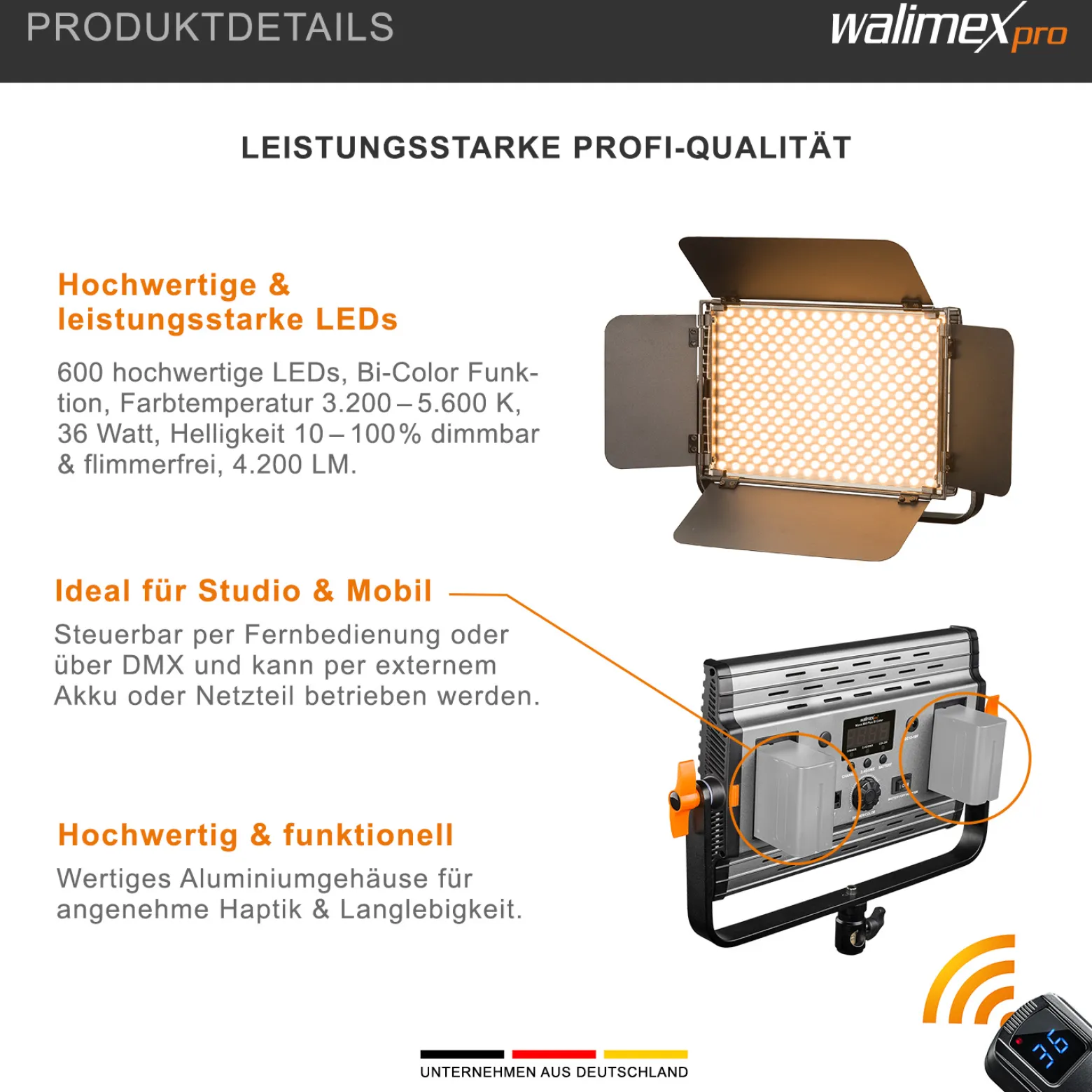 Walimex pro LED Niova 600 Plus Bi-Color Flächenleuchte, dimmbare Videoleuchte, Studioleuchte mit Fernbedienung, mobiles Dauerlicht inkl. Transporttasche