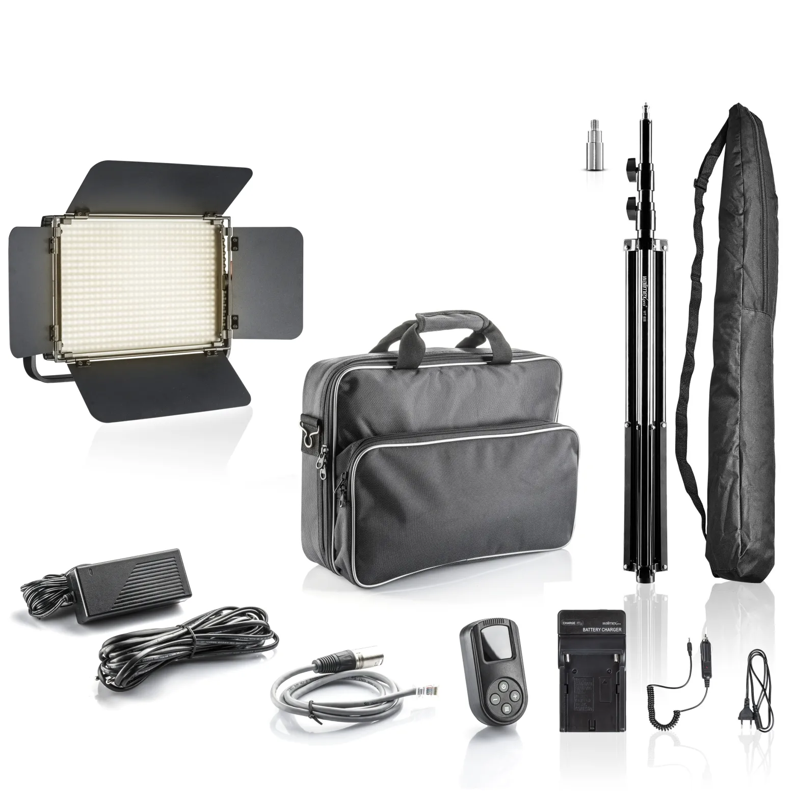 Walimex pro LED Niova 900 Plus Bi Color mit Lampenstativ & NP-F Akku, dimmbare Flächenleuchte, Lampenständer mit Federdämpfung, Studioleuchte mit Fernbedienung