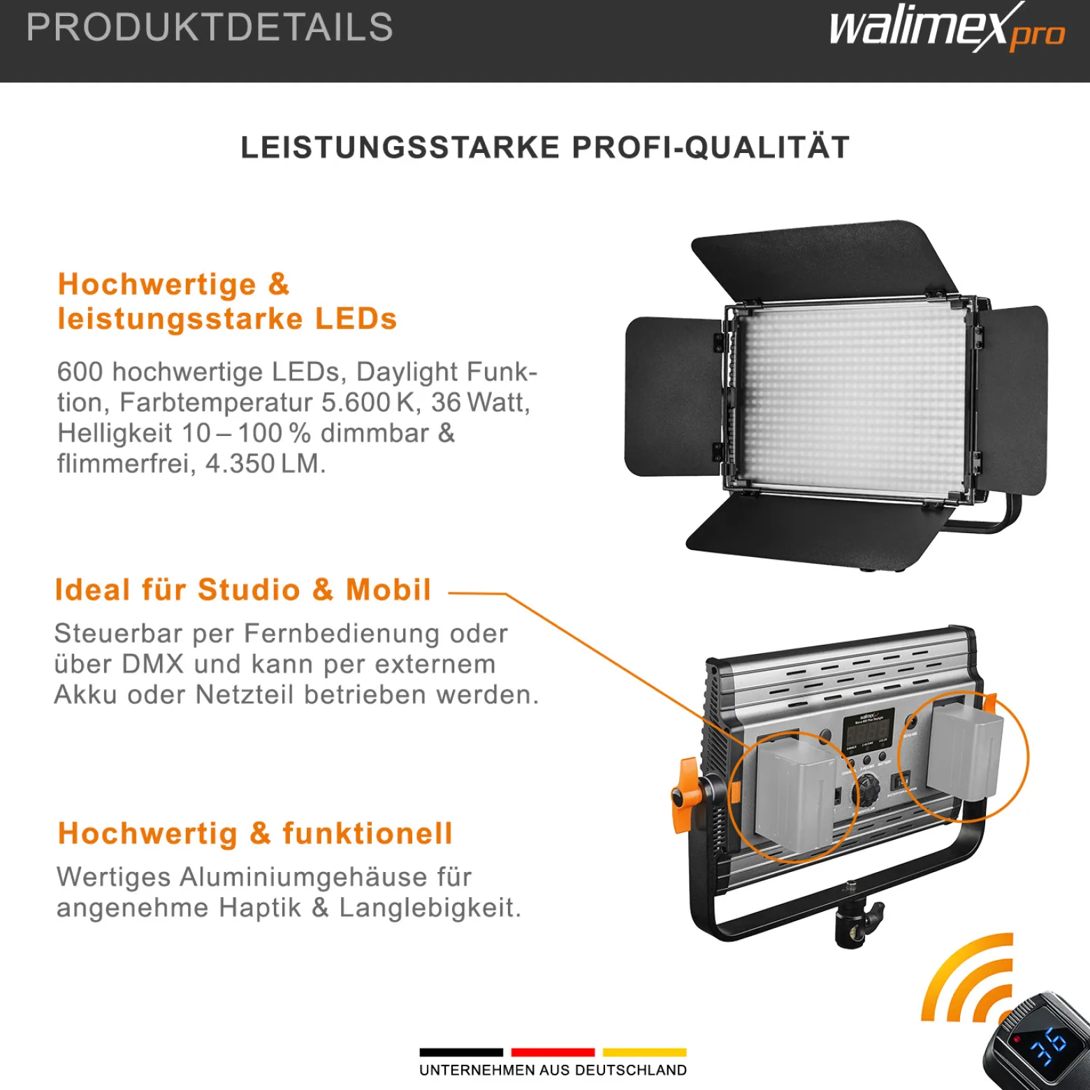 Walimex pro LED Niova 600 Plus Daylight Videoleuchte 36 W, dimmbare Flächenleuchte, professionelle Leuchte mit Tageslicht, Studioleuchte mit Fernbedienung