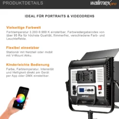 Walimex pro LED Rainbow Flächenleuchte, RGBWW Flächenlicht 100 W, Bi-Color Videoleuchte, Studioleuchte per App steuerbar, Studio-Beleuchtung mit Effektgenerator