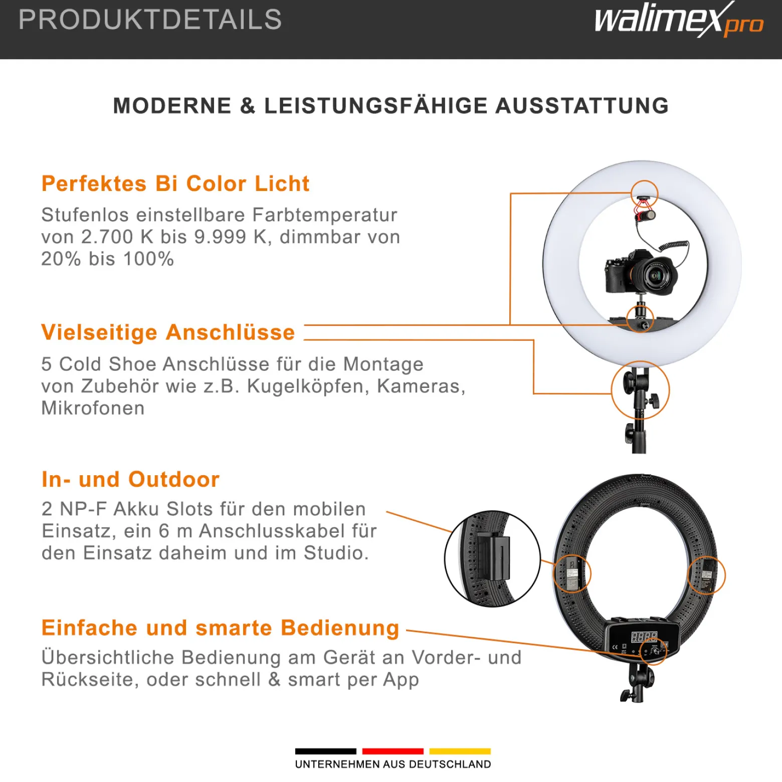 Walimex pro LED Rainbow Ringleuchte mit Lampenstativ, RGB Ringlicht mit 60 W, Regenbogen LED per App steuerbar, Videoleuchte mit Smartphonehalter, Ring Light mit Effekten und Bi-Color