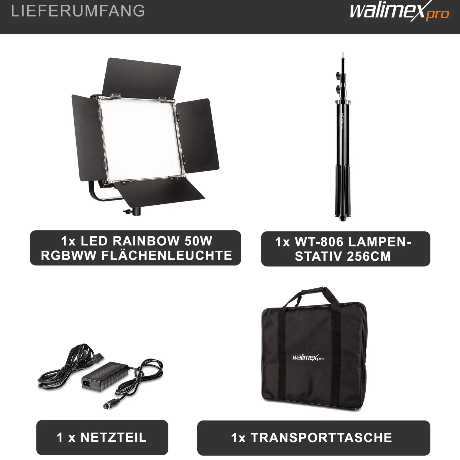 Walimex pro LED Rainbow 50W RGBWW Set bestehend aus Leuchte, Abschirmklappen, Netzteil, Transport- und Aufbewahrungstasche, Lampenstativ inkl. Spigot und Adapter