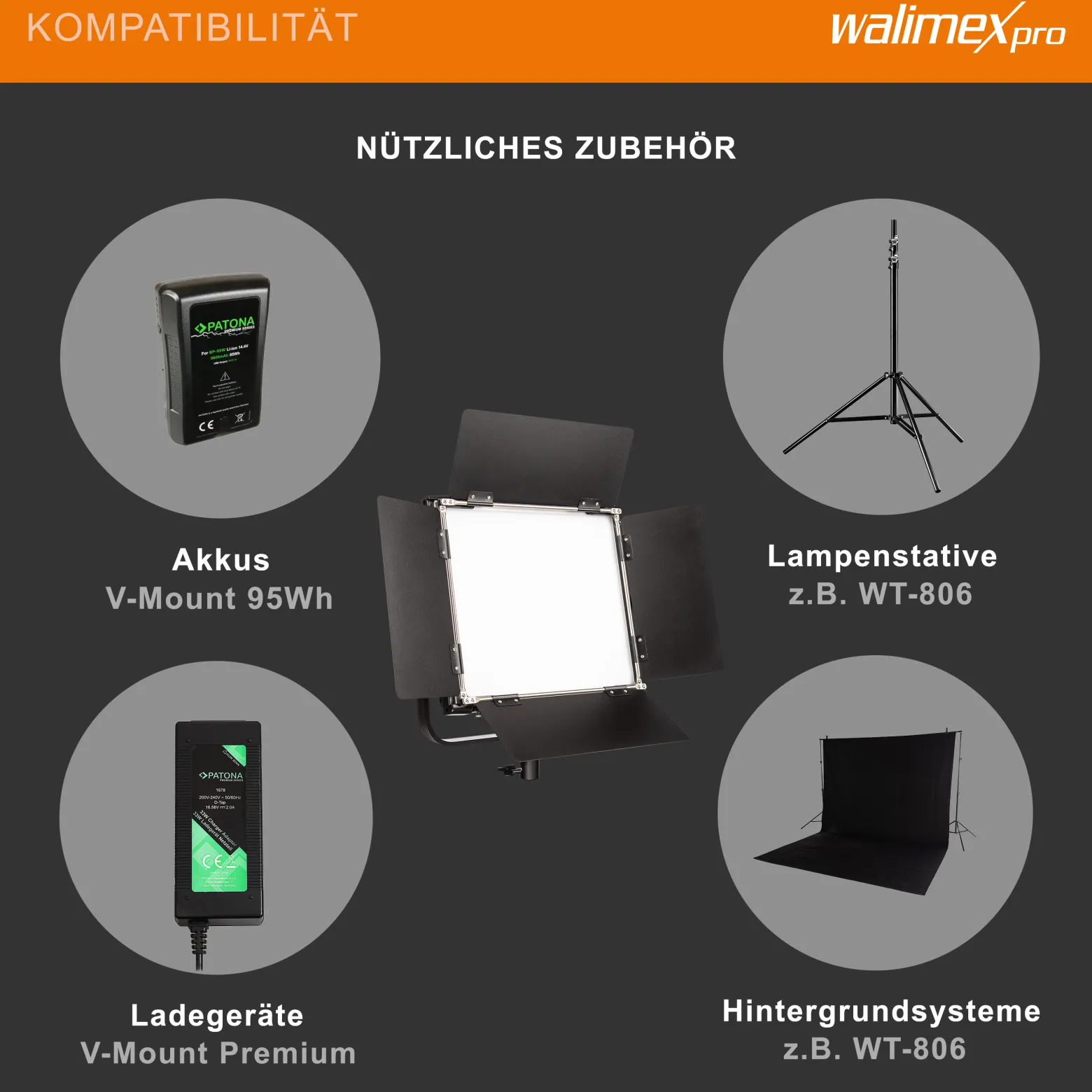 Walimex pro LED Rainbow 50W RGBWW Set bestehend aus Leuchte, Abschirmklappen, Netzteil, Transport- und Aufbewahrungstasche, Lampenstativ inkl. Spigot und Adapter