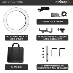 Walimex pro LED Ringleuchte 500 Bi-Color, dimmbares Ringlicht 32 W, Leuchtring mit einzeln schatlbaren Sektoren, Selfie Licht mit umfangreichem Zubehör