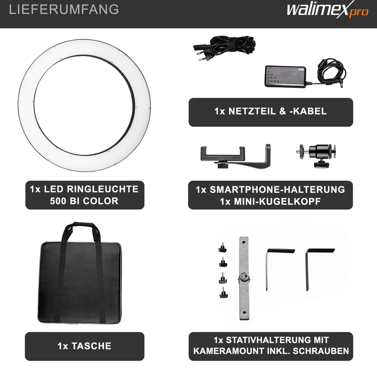 Walimex pro LED Ringleuchte 500 Bi-Color, dimmbares Ringlicht 32 W, Leuchtring mit einzeln schatlbaren Sektoren, Selfie Licht mit umfangreichem Zubehör